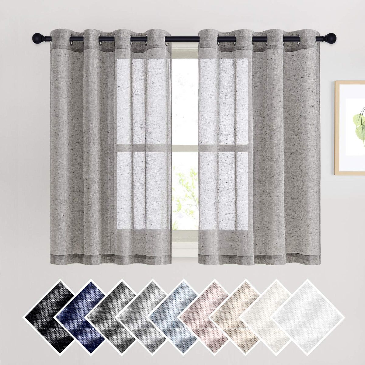 Nicetown Charcoal Grey Solid Linen Sheer Curtains, Ring Top Thick Flax Light Reducing Wrinkle Free Linen Blend Semi Sheer Window