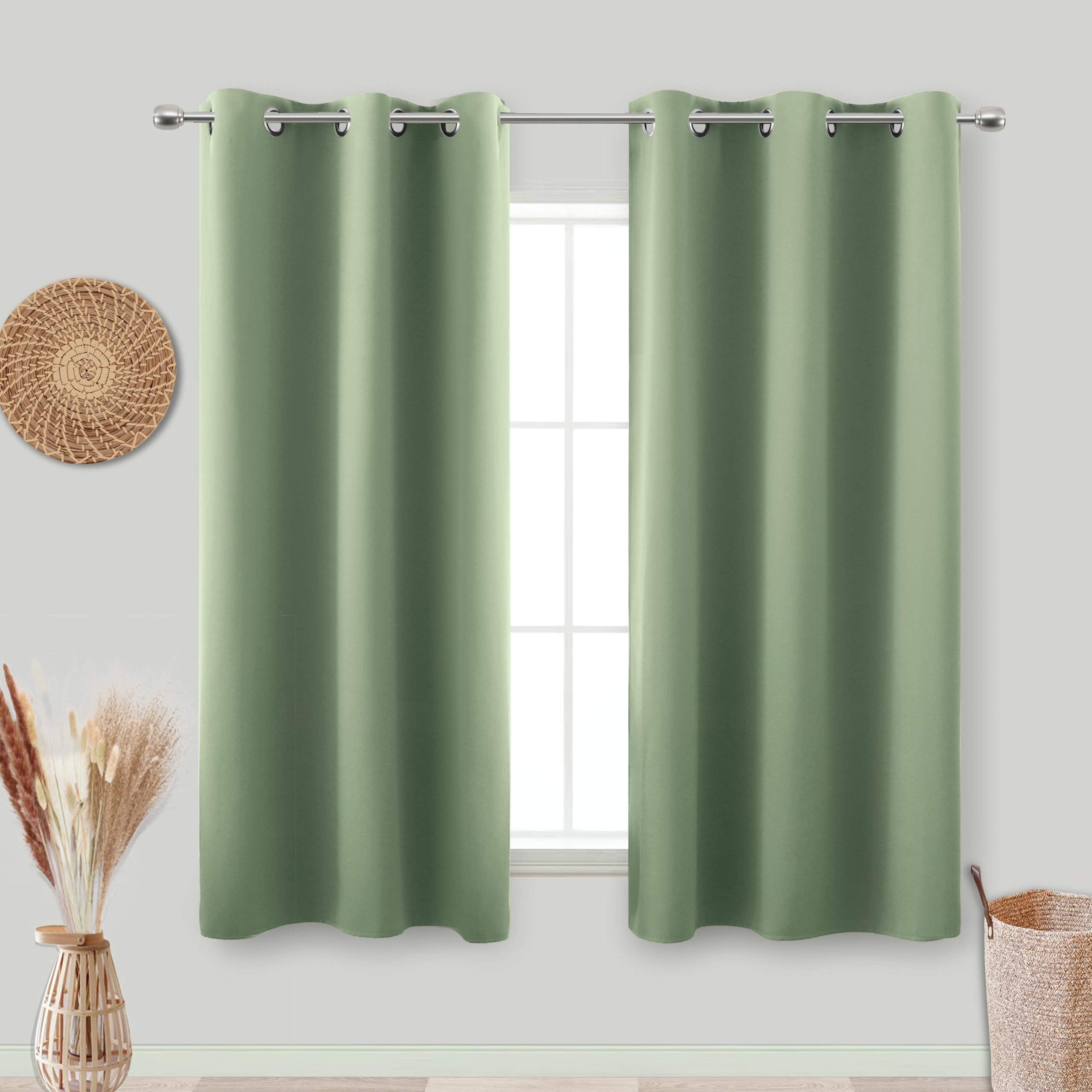 Koufall 48 Inch Curtains Long Short Length,Blackout Window Curtains For Kitchen Bedroom,Sage Green