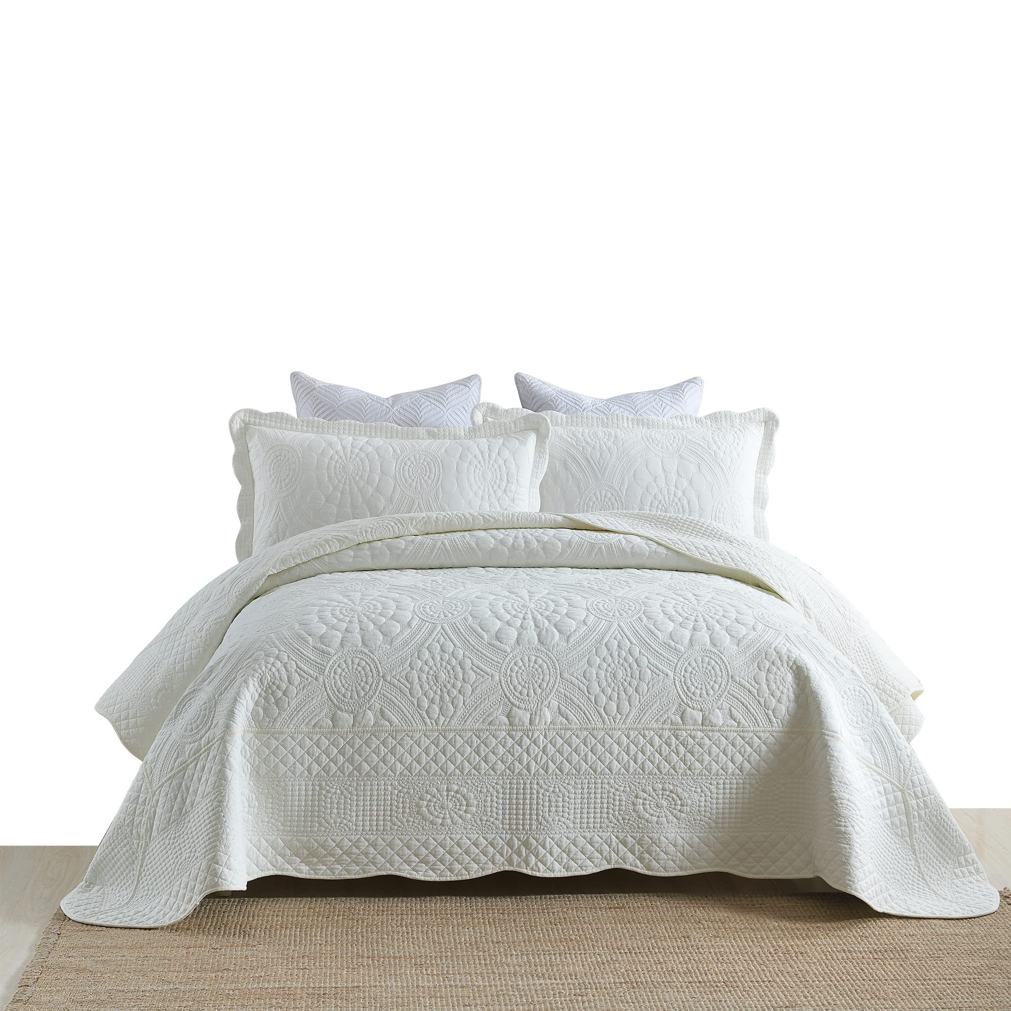 MarCielo 3Piece 100% Cotton Oversized Bedspread Set Coverlet Set Lightweight Quilt Set Embroidery Farmhouse Bedding Set (Shasta