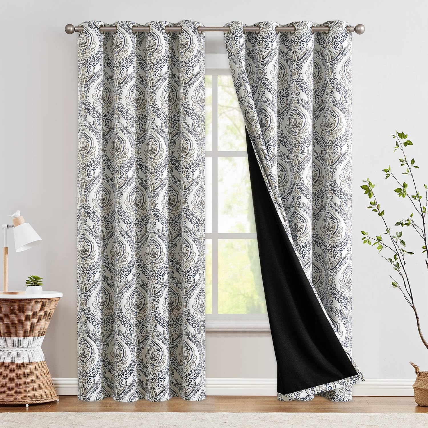 Jinchan 100% Blackout Curtains 90 Inch Length 2 Panels Blue Damask Medallion Window Curtains For Bedroom Grommet Thermal Insulated Drapes For Living Room Vintage Luxury Window Treatments Set