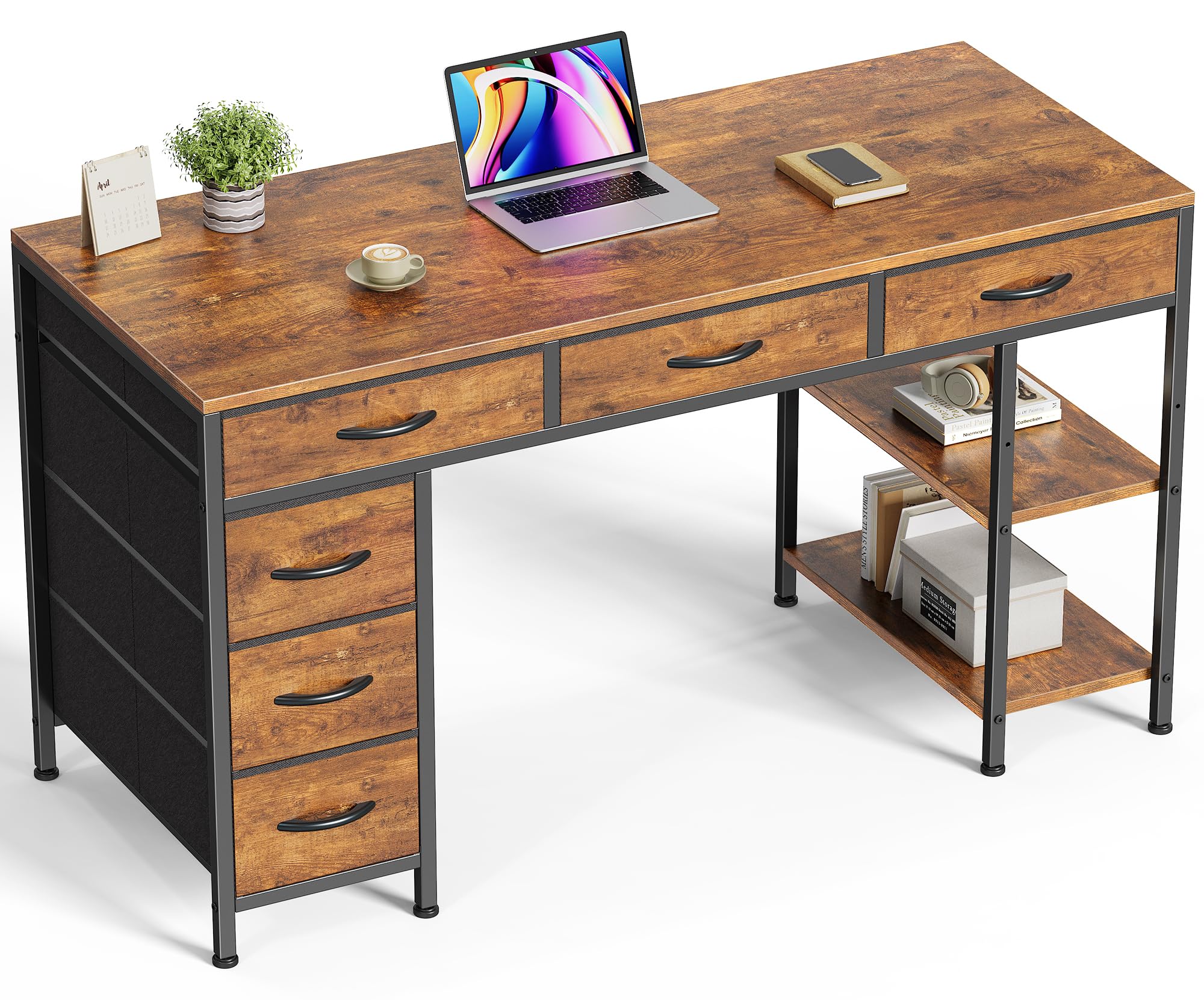 Huuger Computer Desk With 6 Drawers, 47 Inch Office Desk With Shelves, Reversible Gaming Desk, Corner Desk With Storage, Work Desk For Home Office, Study, Living Room, Rustic Brown