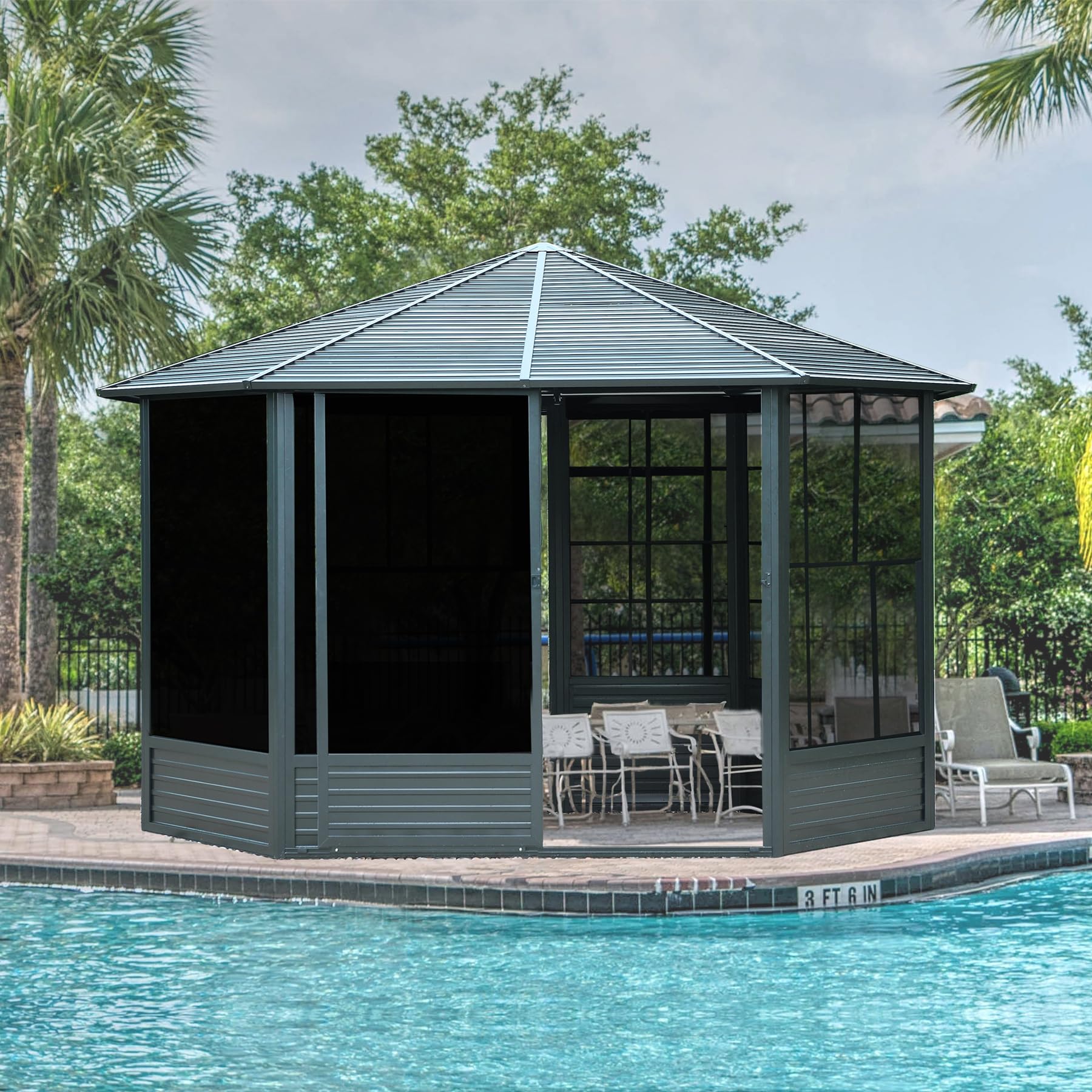 Domi 13X13Ft Sunroom, Octagonal Solarium Aluminum Hardtop Gazebo With Galvanized Steel Roof, Detachable Pe Screen, Sliding Door,