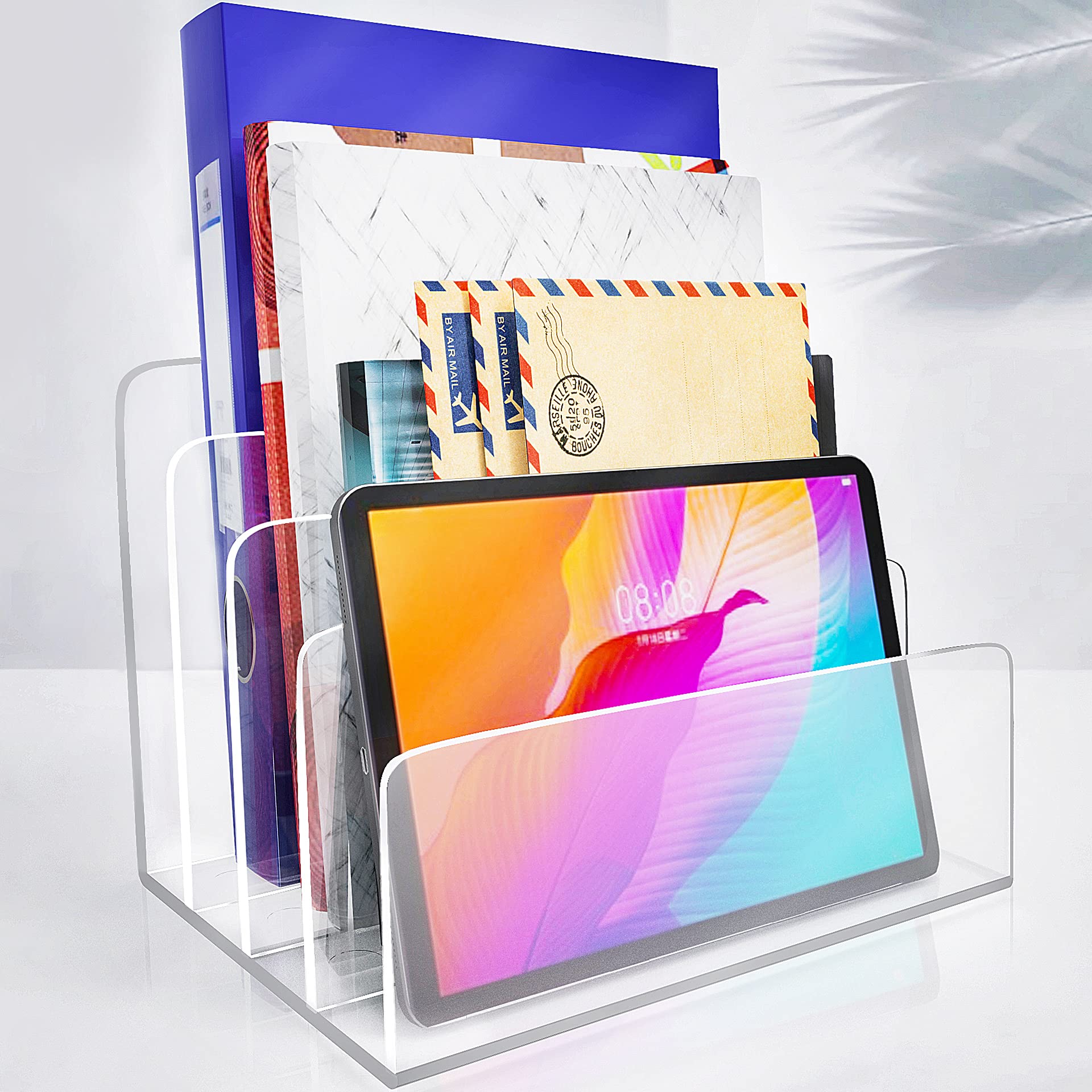 Carooyac Clear Acrylic File Organizer, 4 Sections Acrylic File Holder Sorter, Office Desk Organizer for File Folder Mail Letter 