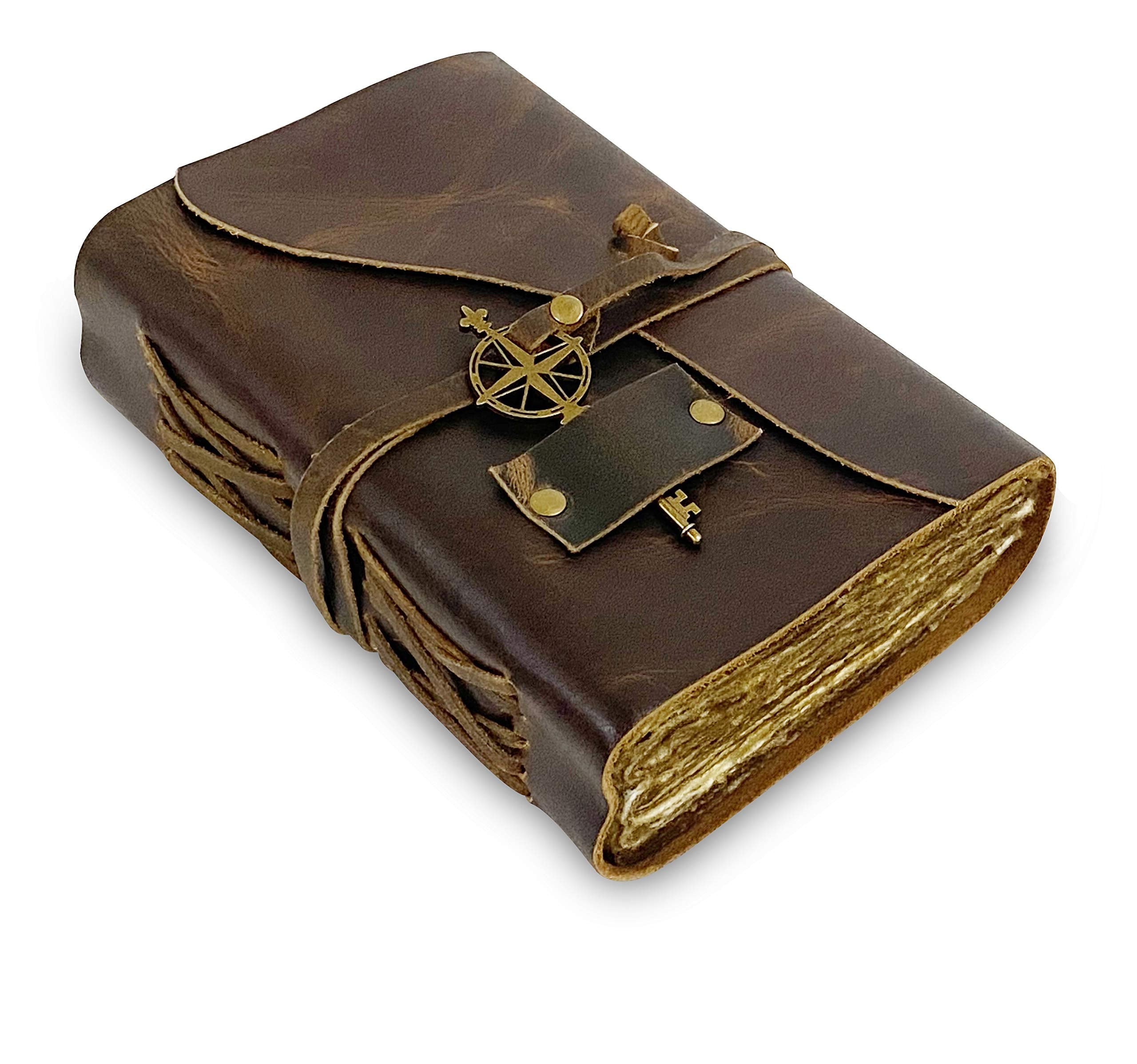 Vintage Leather Journal - Antique Handmade Leather Bound Journal With Old Fashioned Deckle Edge Paper - Perfect For Writing, Sha