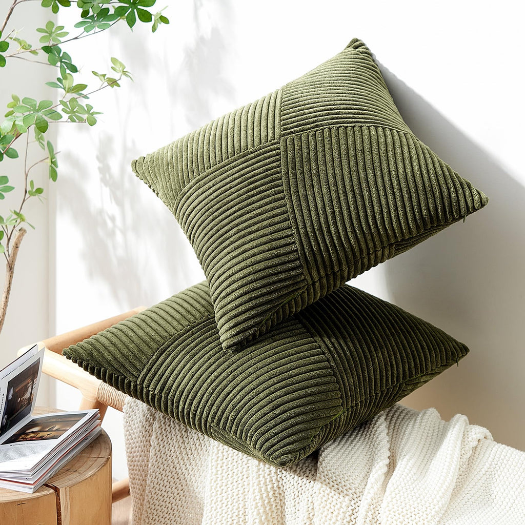 Topfinel 12X12 Inch Olive Green Decorative Throw Pillow Covers Set Of 2,Soft Corduroy Small Couch Pillow Covers Windmill Texture