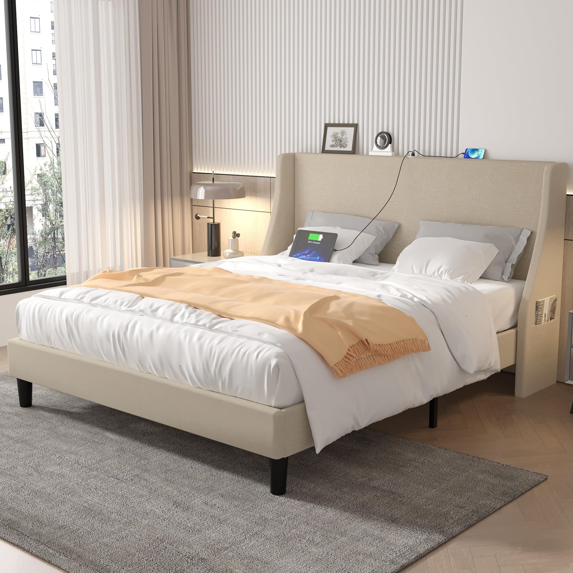 VECELO Queen Bed Frame with Upholstered Wingback Headboard, Heavy-Duty Platform Bedframe with Charging Station & Side Pockets, N
