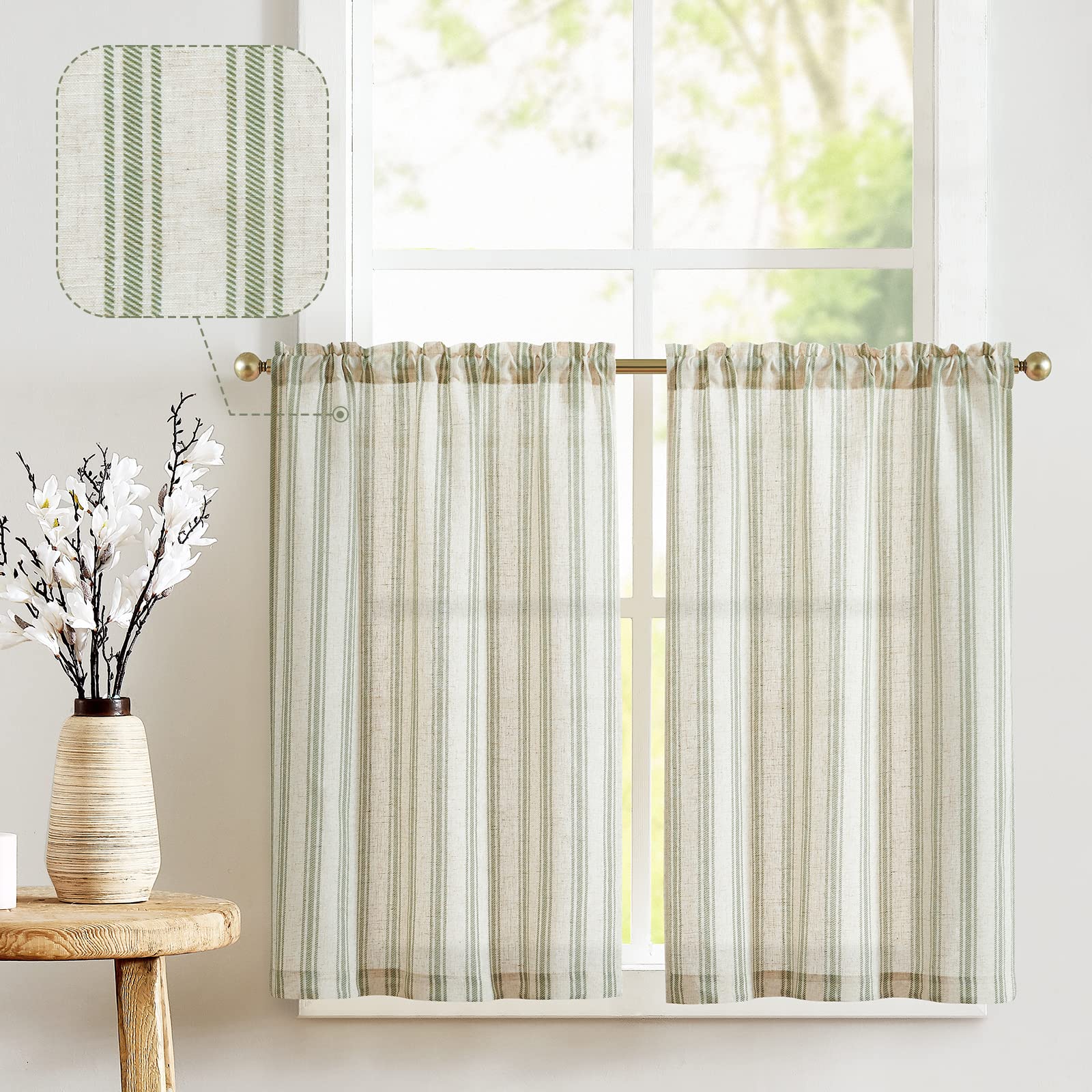 Jinchan Linen Kitchen Curtains Striped Tier Curtains 24 Inch Cafe Curtains Farmhouse Small Curtains Balanced Stripe Half Window Curtains Light Filtering For Bathroom Laundry 2 Panels Green On Beige