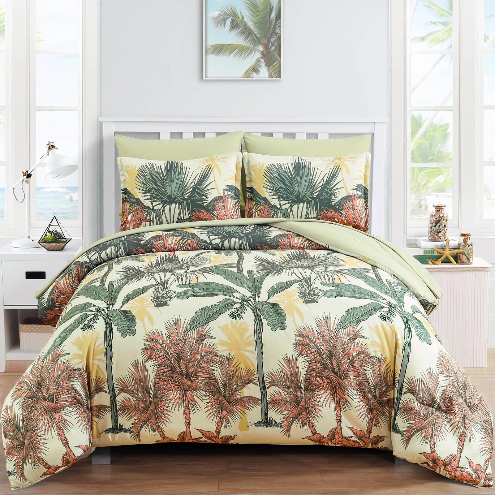 Wongs Bedding Botanical Comforter Set King, 7 Pieces Green Palm Tree Bed In A Bag, Reversiable Soft Microfiber Bedding Set With