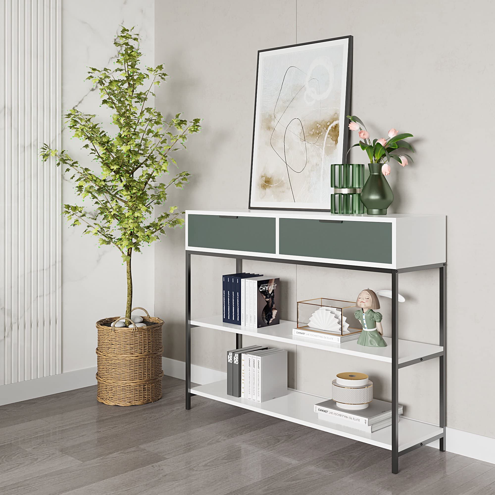 Lilola Home Louie White and Light Green Wood Console Table Steel Frame with Shelves and Drawers