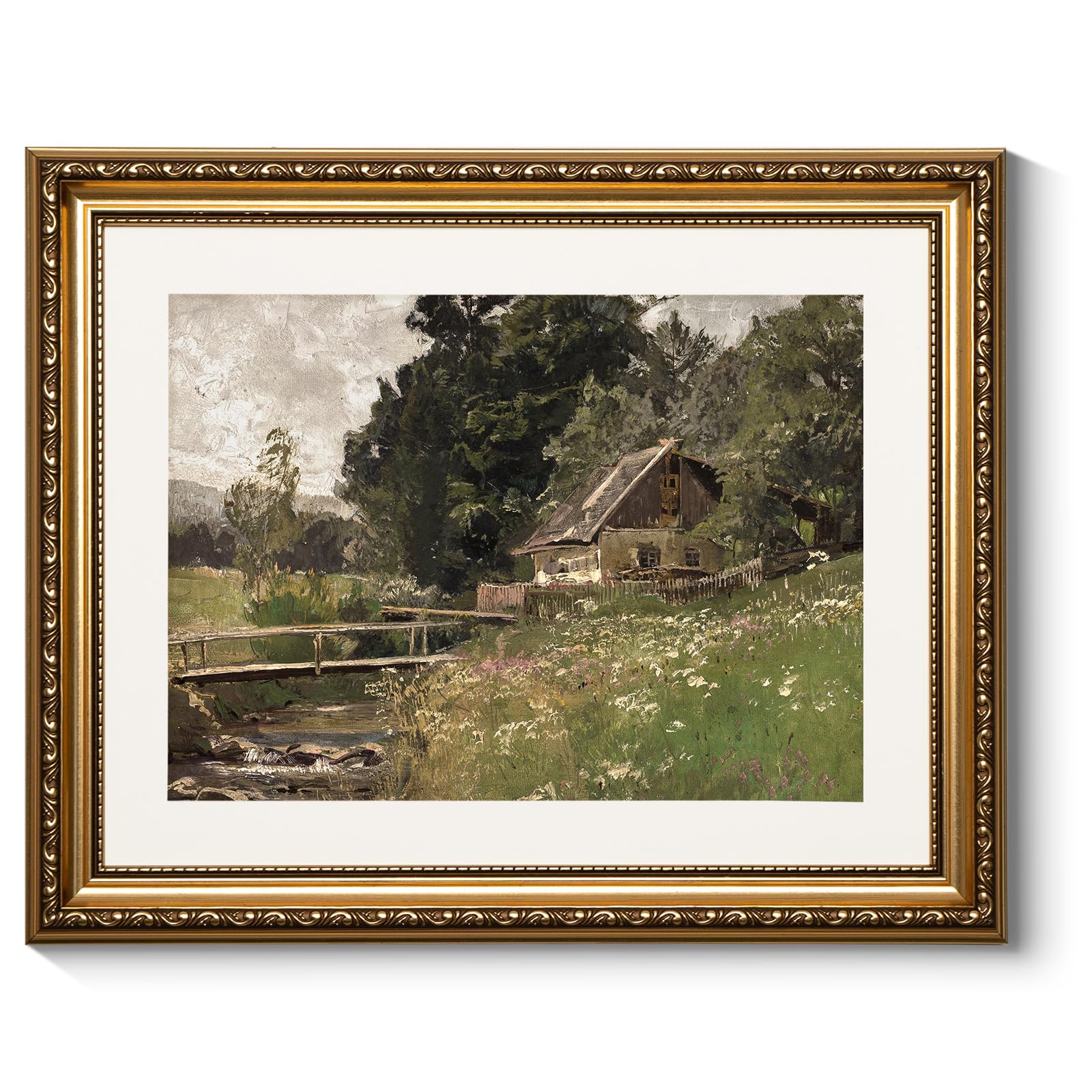 ARPEOTCY Vintage Gold Framed Wall Art, 13x16 inch Cottage at a Creek Landscape Paintings, Vintage Room Decor, Canvas Prints Anti