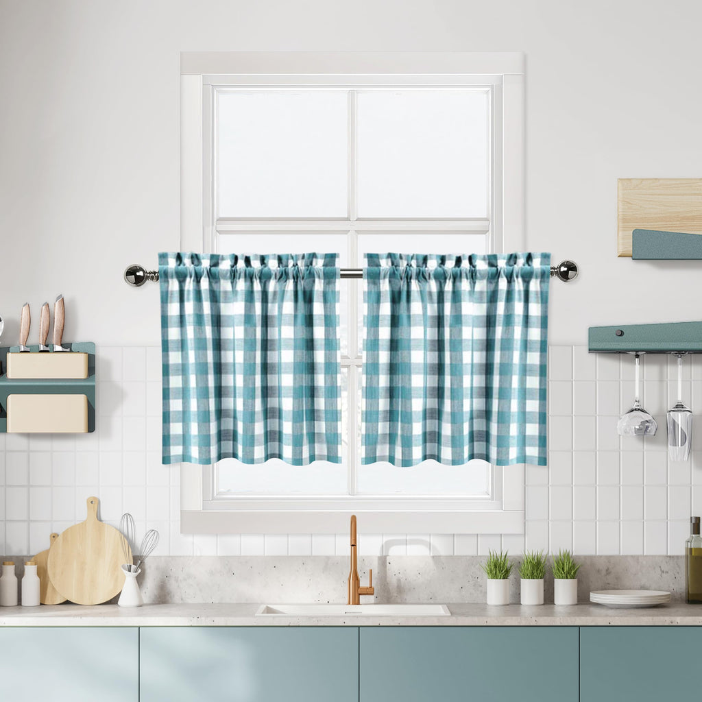 Teal Dark Blue Buffalo Plaid Cafe Curtains Farmhouse Tiers Kitchen Curtains 24 Inches Long, Gingham Check Rod Pocket Half Window