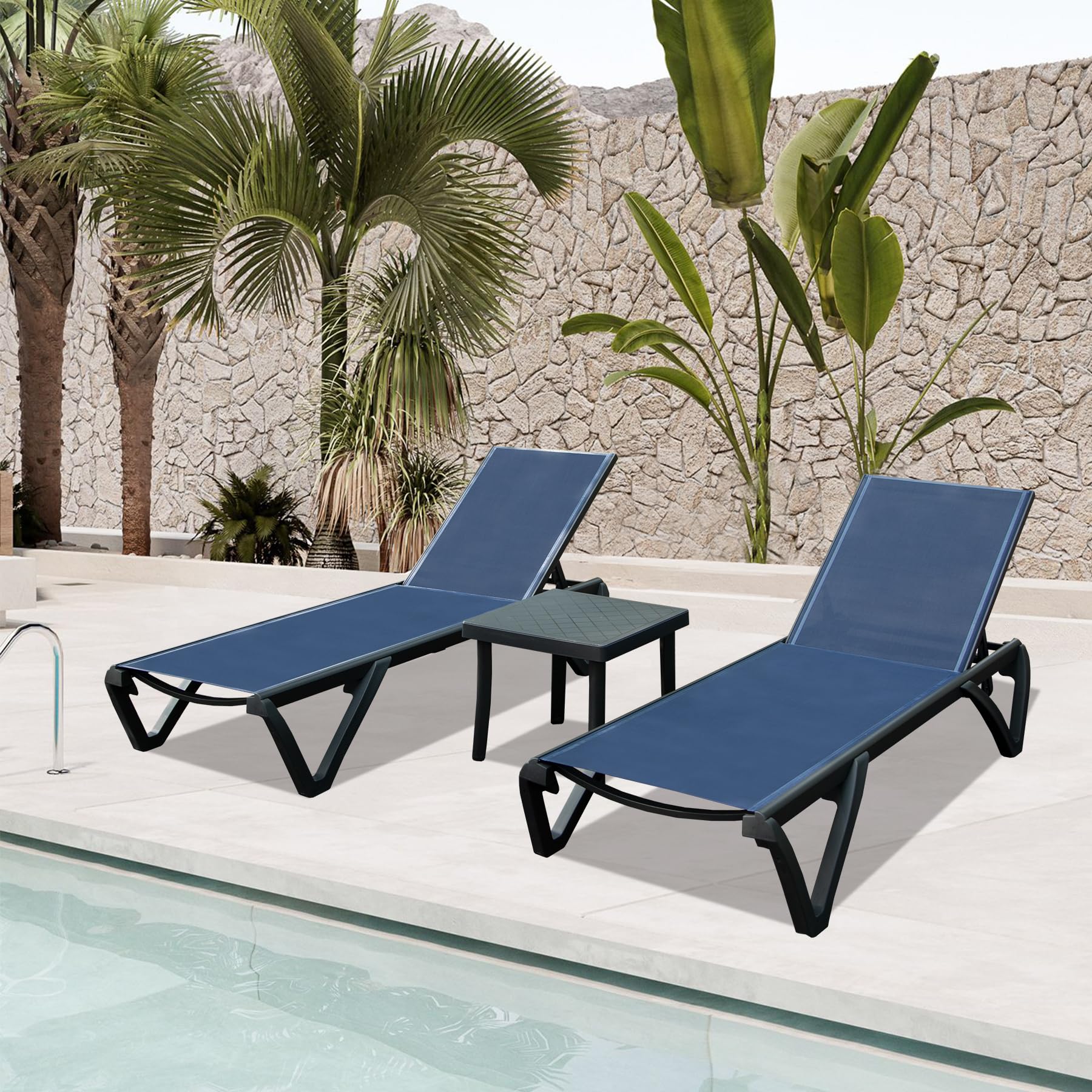 Domi Pool Lounge Chair Set Of 3, Aluminum Outdoor Chaise Lounge With Side Table,5 Position Adjustable Backrest And Wheels, Outdoor Lounge Chairs For Pool, Garden, Beach, Backyar, Navy Blue