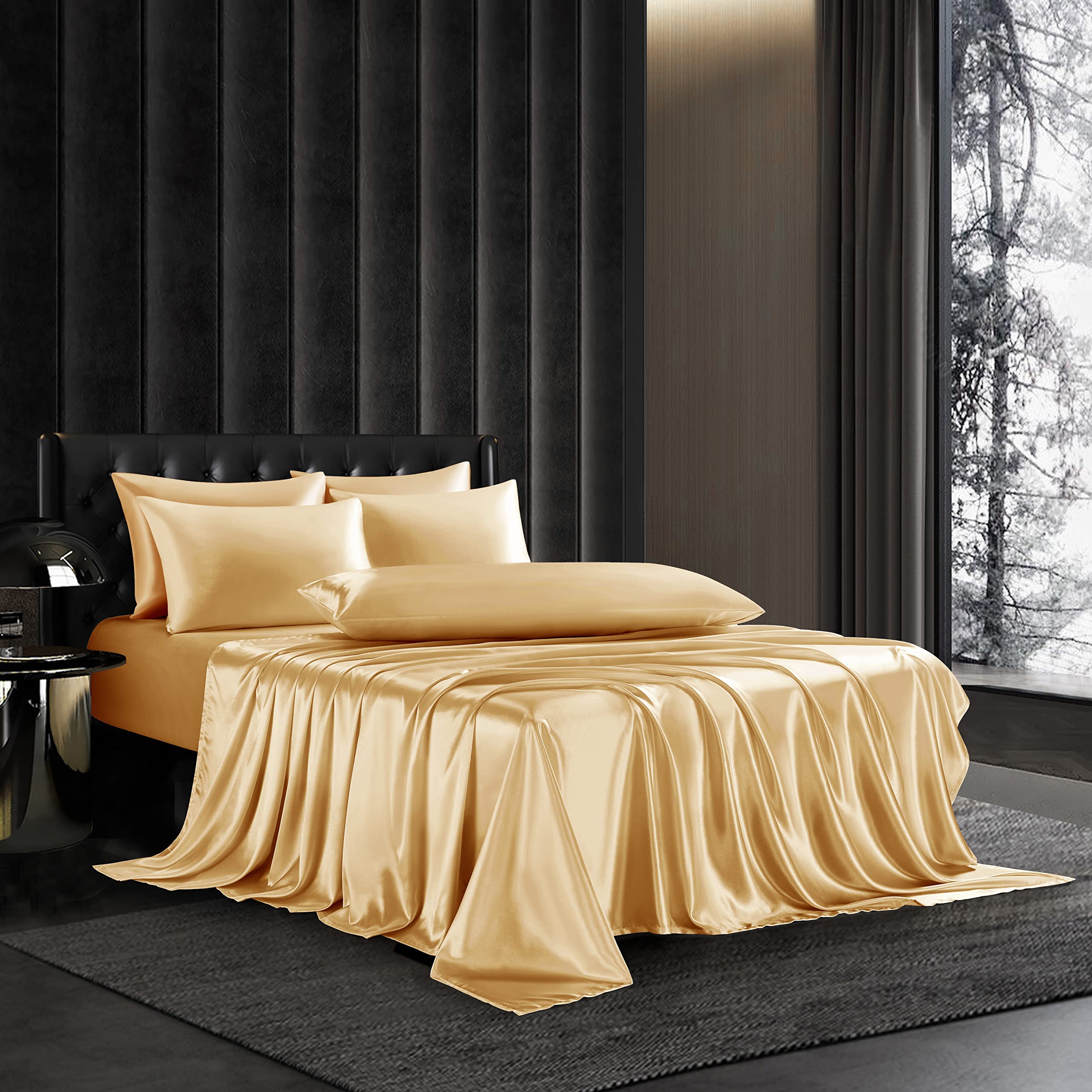 Hommxjf 5Pcs Gold Silky Satin Sheets Full Satin Sheets Set Silky Comforter Bedding Sheets With 1 Satin Flat Sheet,1Deep Pocket F