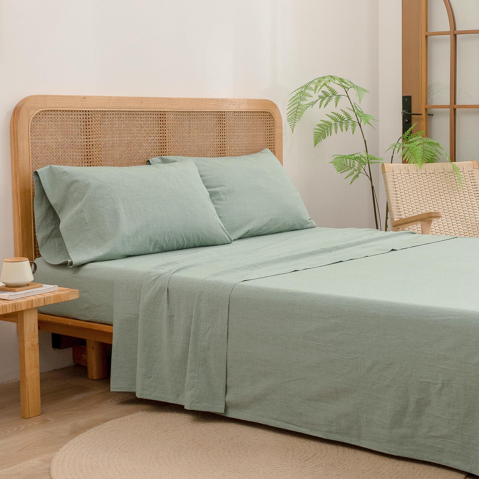 Bestouch Sheet Set 100% Washed Cotton Linen Feel Super Soft Comfortable Chic Lightweight 4 Pcs Home Bedding Set Solid Green Quee