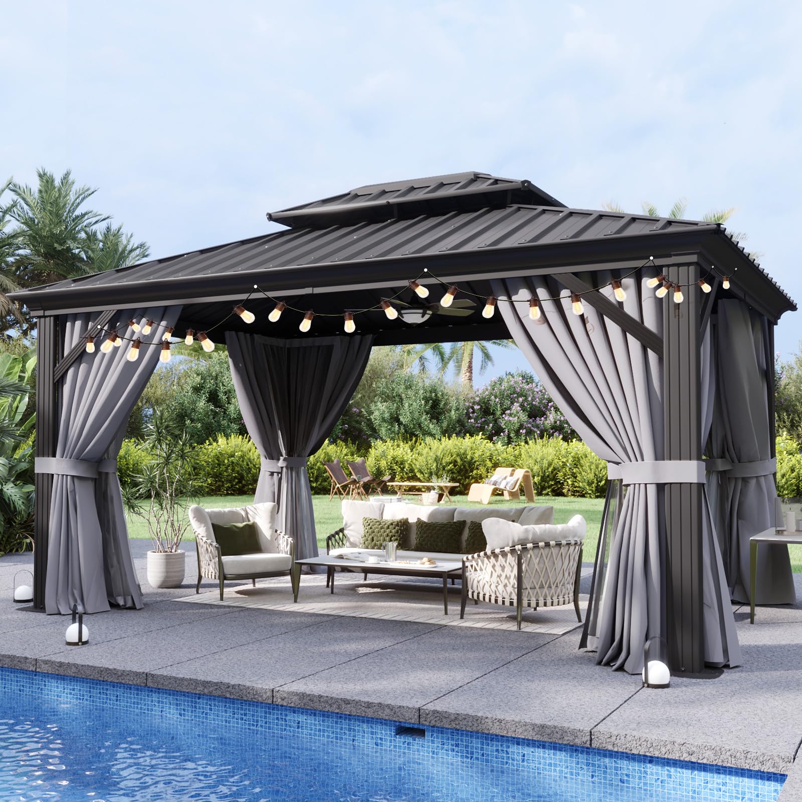 Aoxun 10'X12' Hardtop Gazebo, Aluminum Frame Canopy With Double Galvanized Steel Roof, Outdoor Metal Pavilion With Netting, And