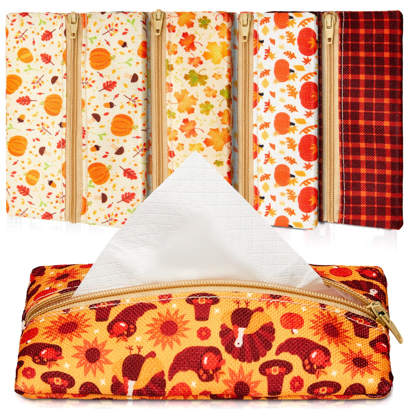 Sherr 5 Pieces Tissues Purse Pocket Tissue Holder Reusable Travel Tissue Pouch Fabric Zipper Enclosed Small Size Leaves Pattern 