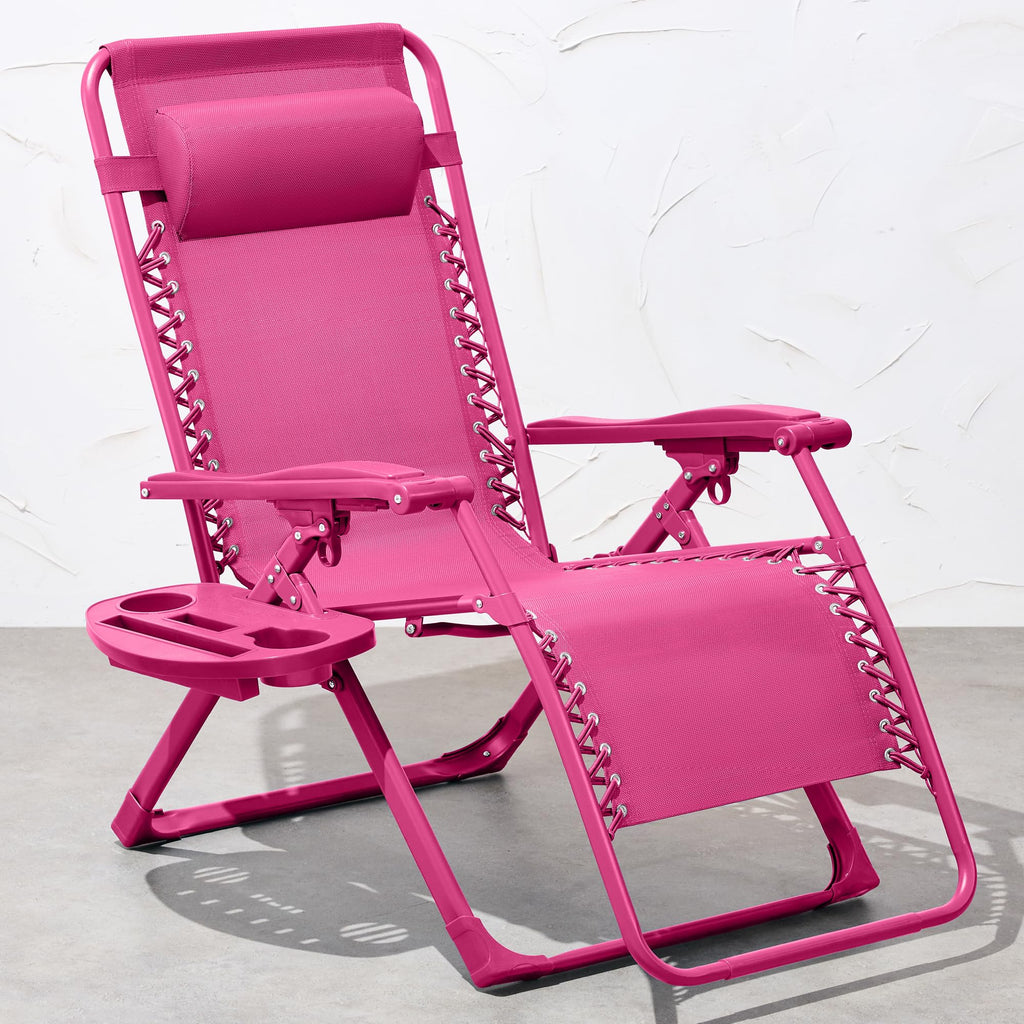 Best Choice Products Adjustable Zero Gravity Chair, Monochromatic Color Folding Patio Recliner W/Side Tray, Headrest - Hot Pink