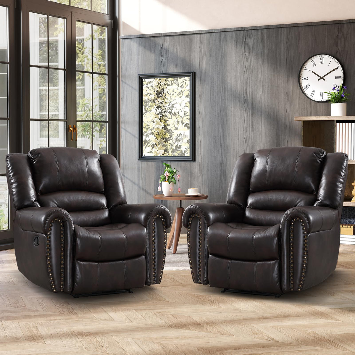 Canmov Leather Recliner Chair Set Of 2, Classic And Traditional Manual Recliner Chair With Comfortable Arms And Back,Manual Sing