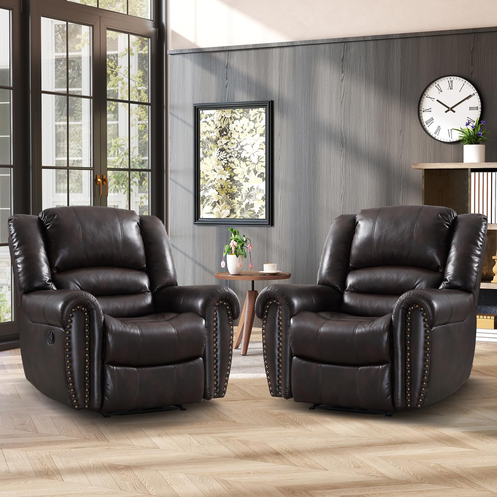 Canmov Leather Recliner Chair Set Of 2, Classic And Traditional Manual Recliner Chair With Comfortable Arms And Back,Manual Sing