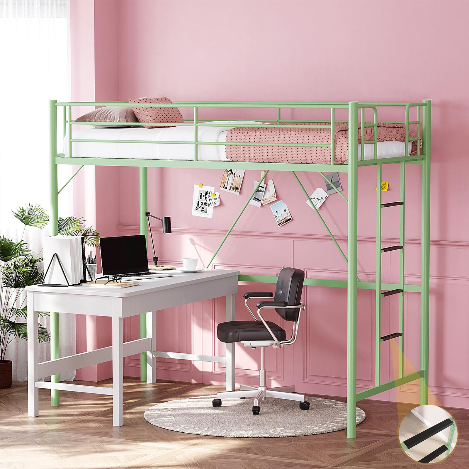 VINGLI 71 Inches Tall Loft Bed Twin Size with Flat Ladder Rung for Kids Teens Adults Heavy Duty Metal Single Bunk Bed Loft with 