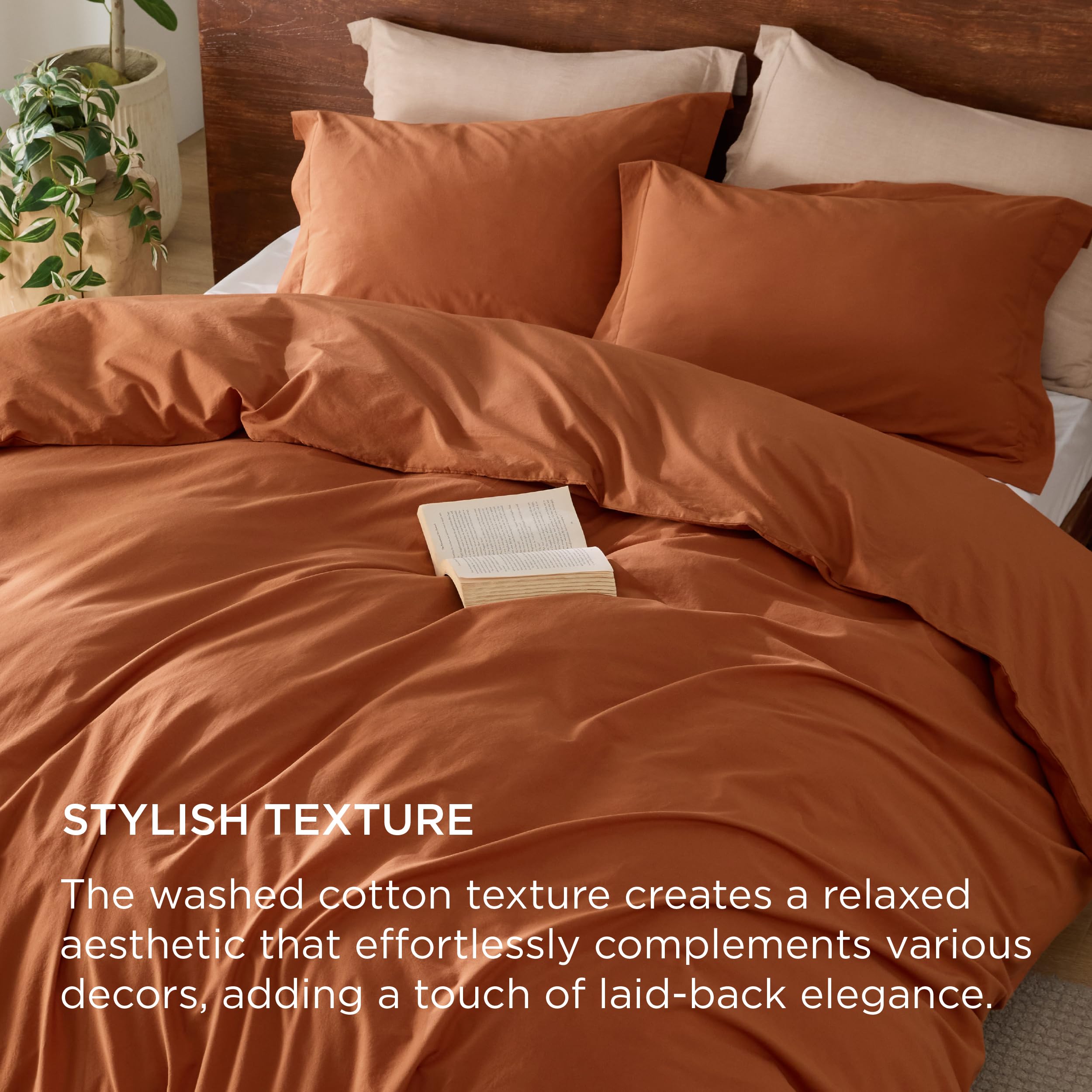 Bedsure 100% Washed Cotton Duvet Cover Queen - Pumpkin Orange Minimalist Duvet Cover Set Linen Like - 3 Pieces Gentlesoft™ Plain Simple Bedding Set With 2 Pillow Shams (Pumpkin Orange, Queen, 90'X90')
