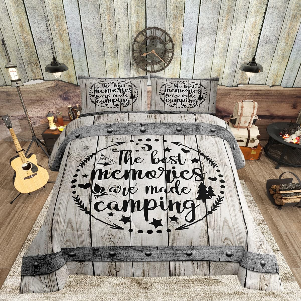 Camping Adventure Comforter Set Queen Size,Camper Rv Trailer Decor Bedding Set 3Pcs For Kids Boys Girls Adults,Retro Wooden Plan