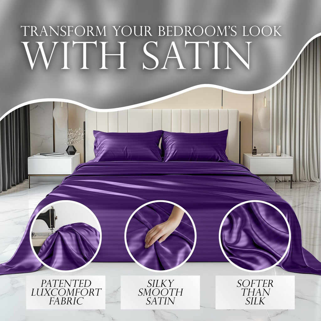 Decolure Striped Satin Sheets Queen Set 6Pc - Luxurious Silk Touch Satin Sheets Full - All-Season Silky Soft Full Size Bed Sheet