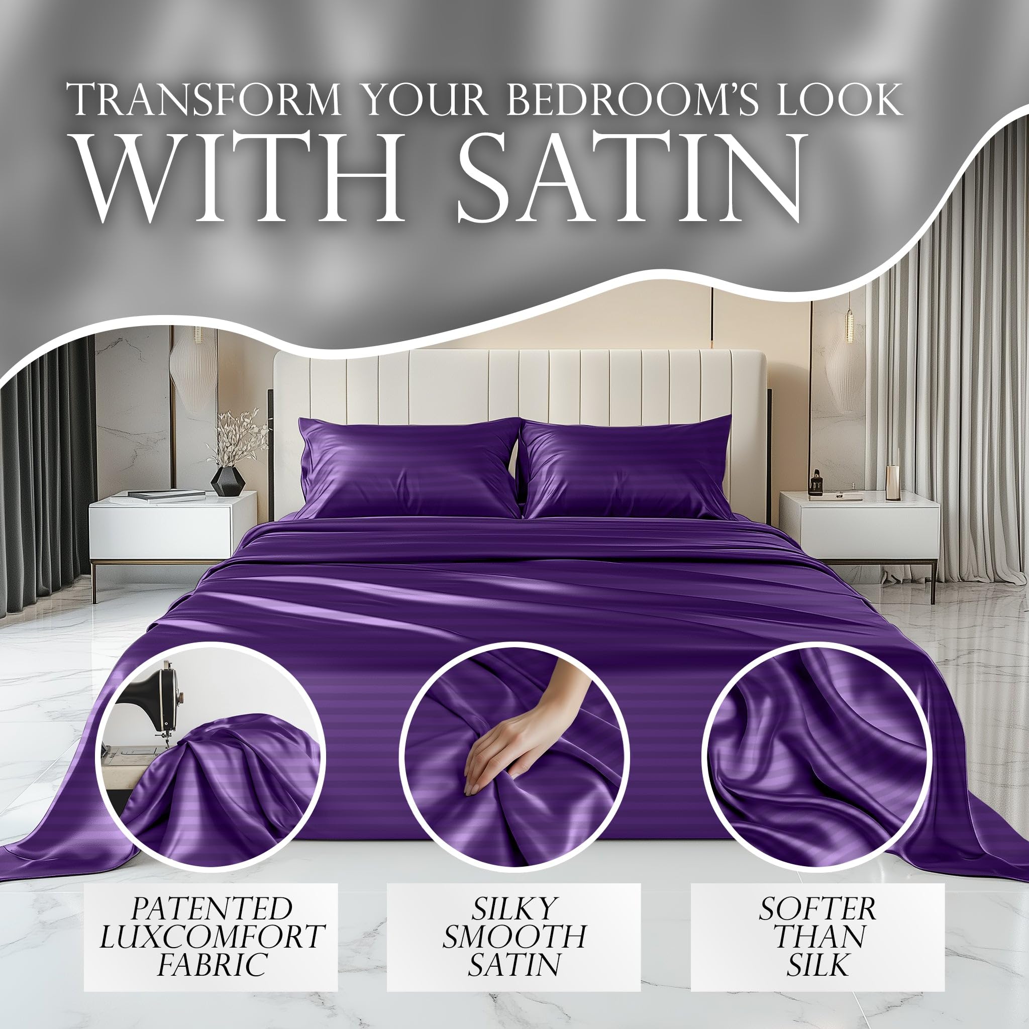 Decolure Striped Satin Sheets Queen Set 6Pc - Luxurious Silk Touch Satin Sheets Full - All-Season Silky Soft Full Size Bed Sheet