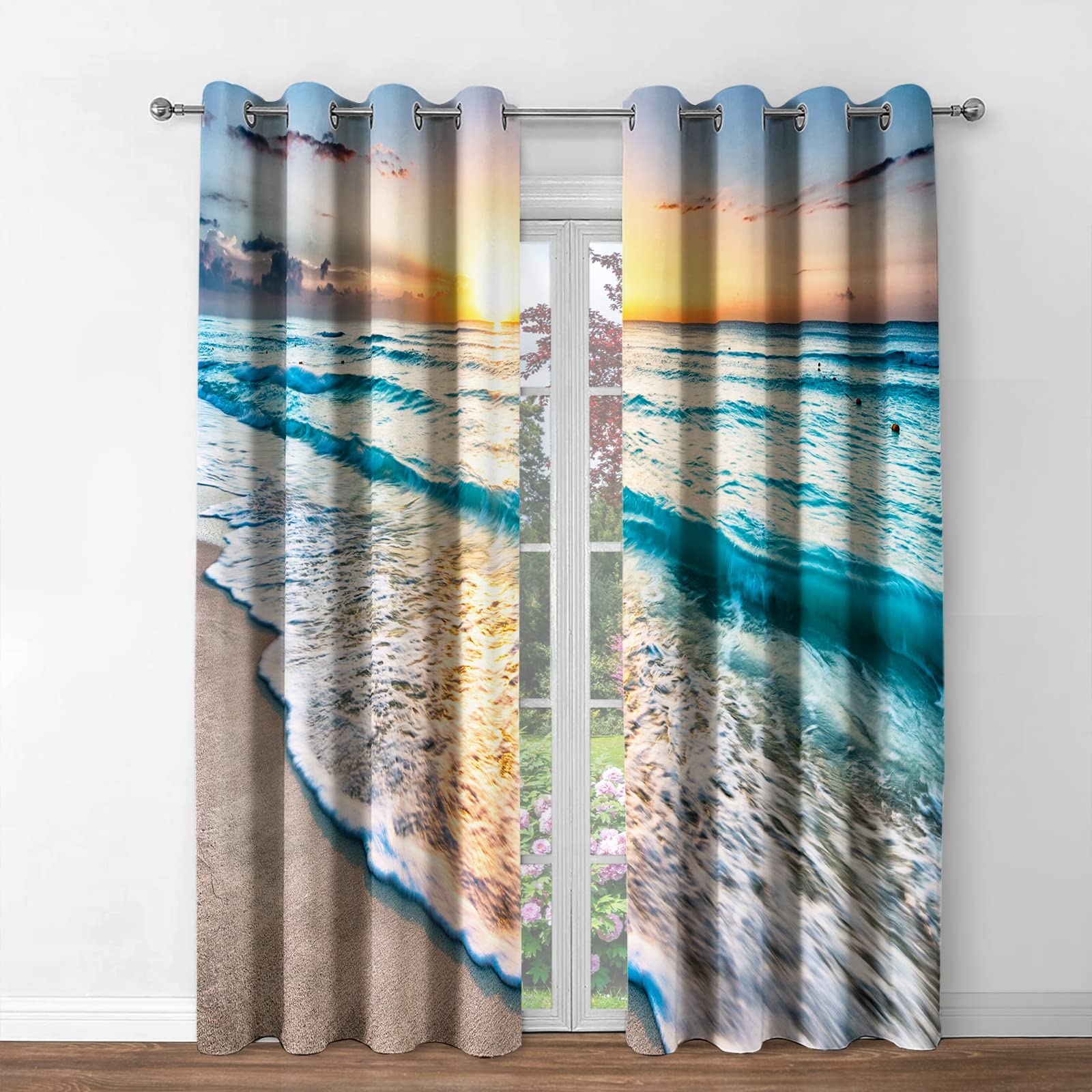 Jekeno Beach Ocean Waves Blackout Curtains Tropical Sea Sunrise Seaside Coastal Scenic Hawaiian Scenery Decor For Home Bedroom L