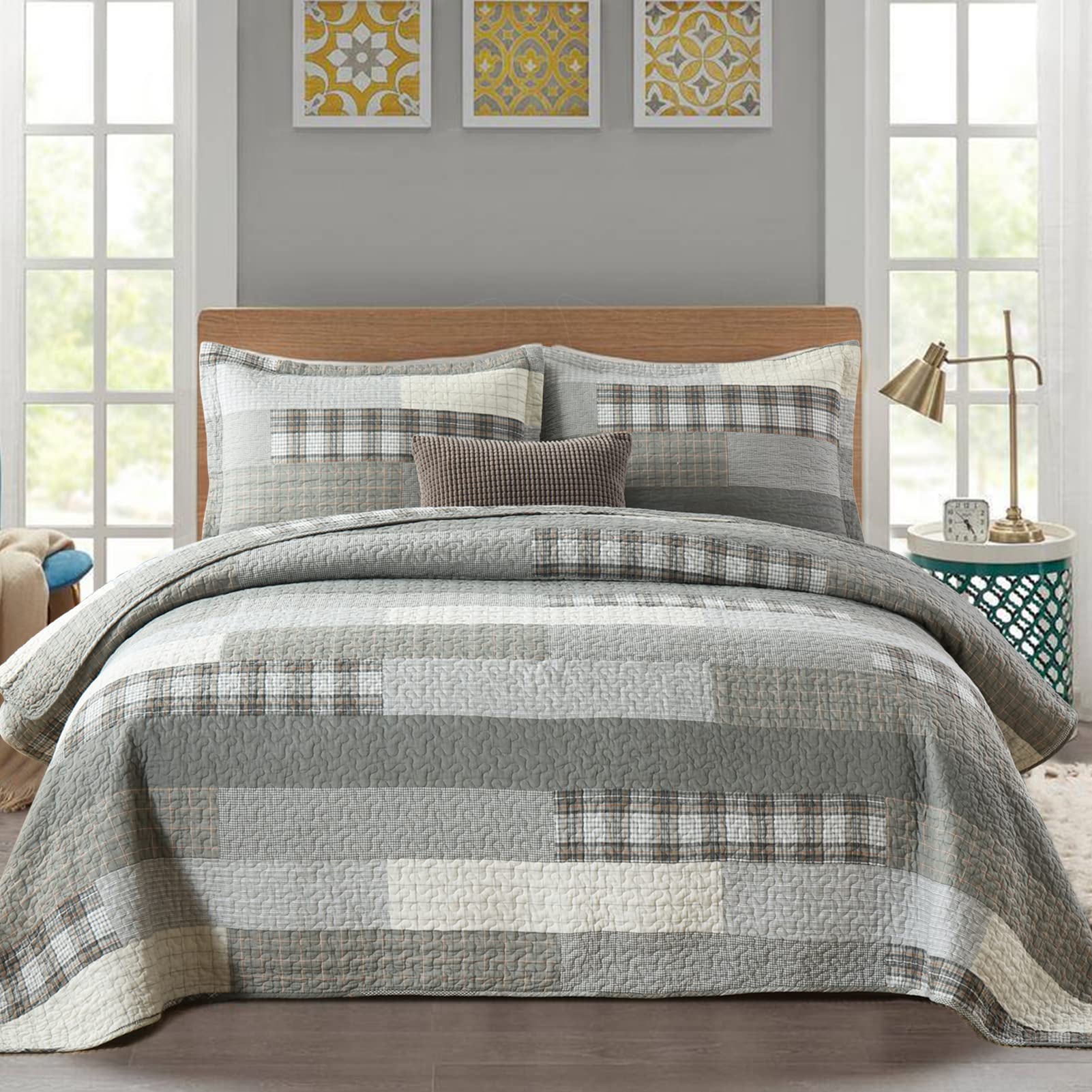 Y-Plwomen Quilts Queen Size - 100% Cotton Grey Queen Quilt Farmhouse Plaid Quilted Bedspread, 3 Pieces Lightweight Reversible Qu