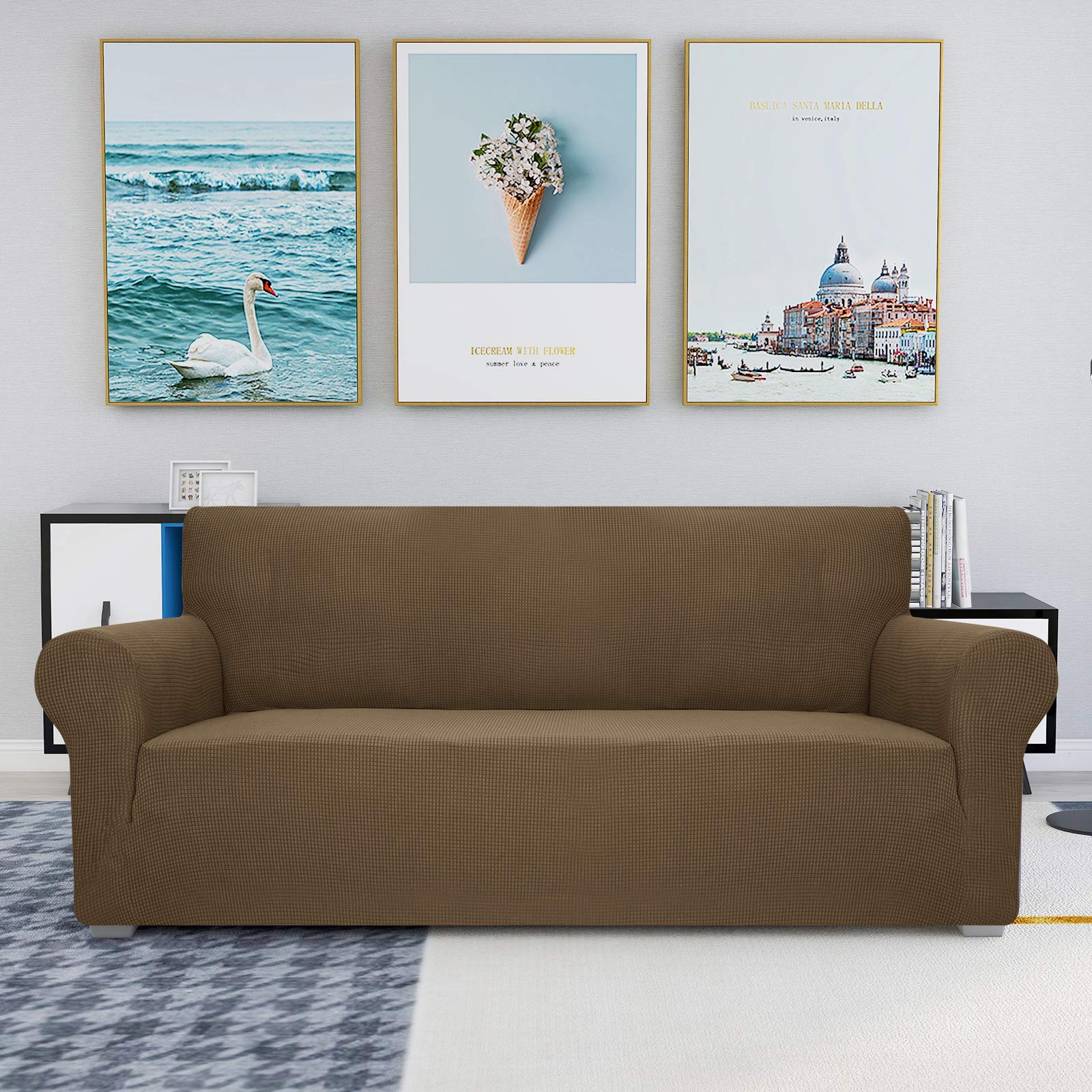 Jiviner High Stretch Couch Covers For 3 Cushion Couch 1-Piece Jacquard Elastic Sofa Slipcovers Anti Slip Sofa Cover With Elastic Bottom Furniture Protector For Kids Pets (Sofa, Brown)