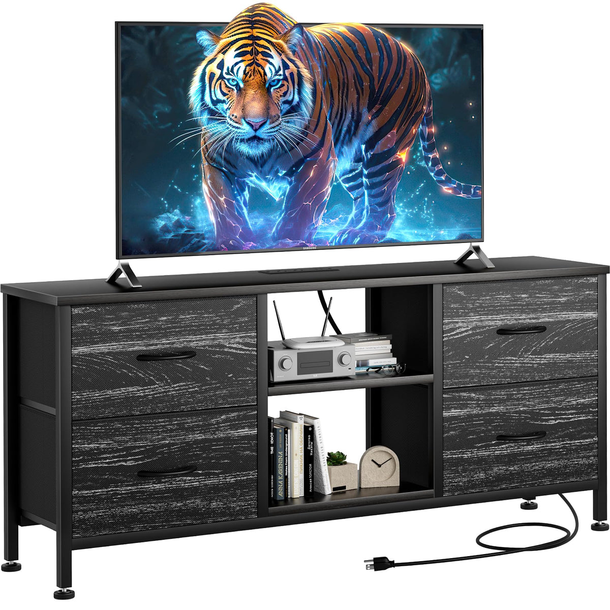 YaFiti TV Stand for Bedroom, Dresser TV Stand with 4 Fabric Drawers & Open Shelves for 50'' TV, Entertainment Center with Power 