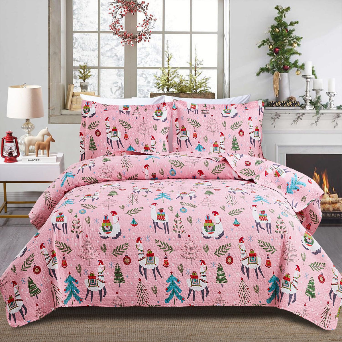 Smuge Kids Pink Christmas Alpaca Quilt Set Twin Size,Snowflake Tree Printed Bedding Set Holiday & Xmas Celebration Bedspread Com