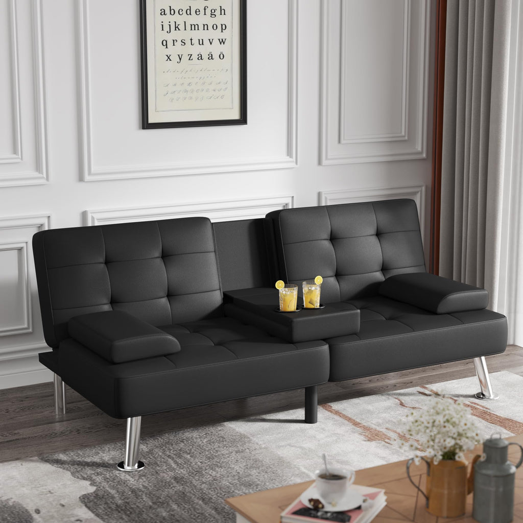 Flamaker Futon Sofa Bed Modern Folding Futon Set Convertible Recliner Lounge For Living Room With 2 Cup Holders, Removable Armrests (Pu Leather, Black)