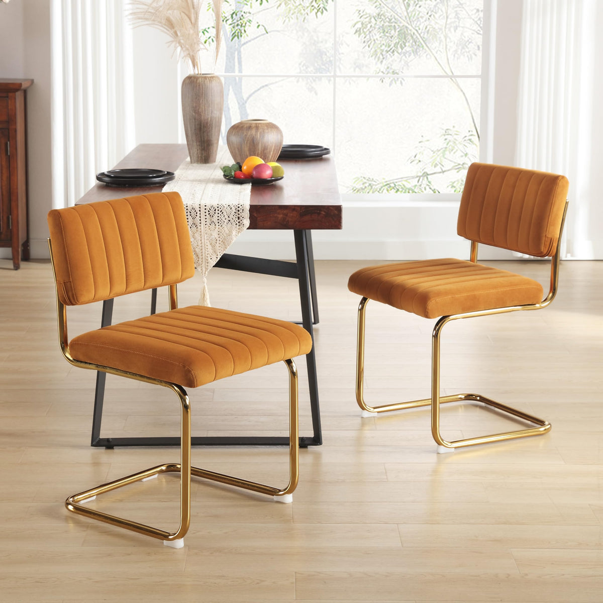 Onevog Orange Velvet Dining Chairs Set Of 2, Upholstered Kitchen Dining Room Chair, Comfy Dinner Chair With Gold Metal Legs, Can