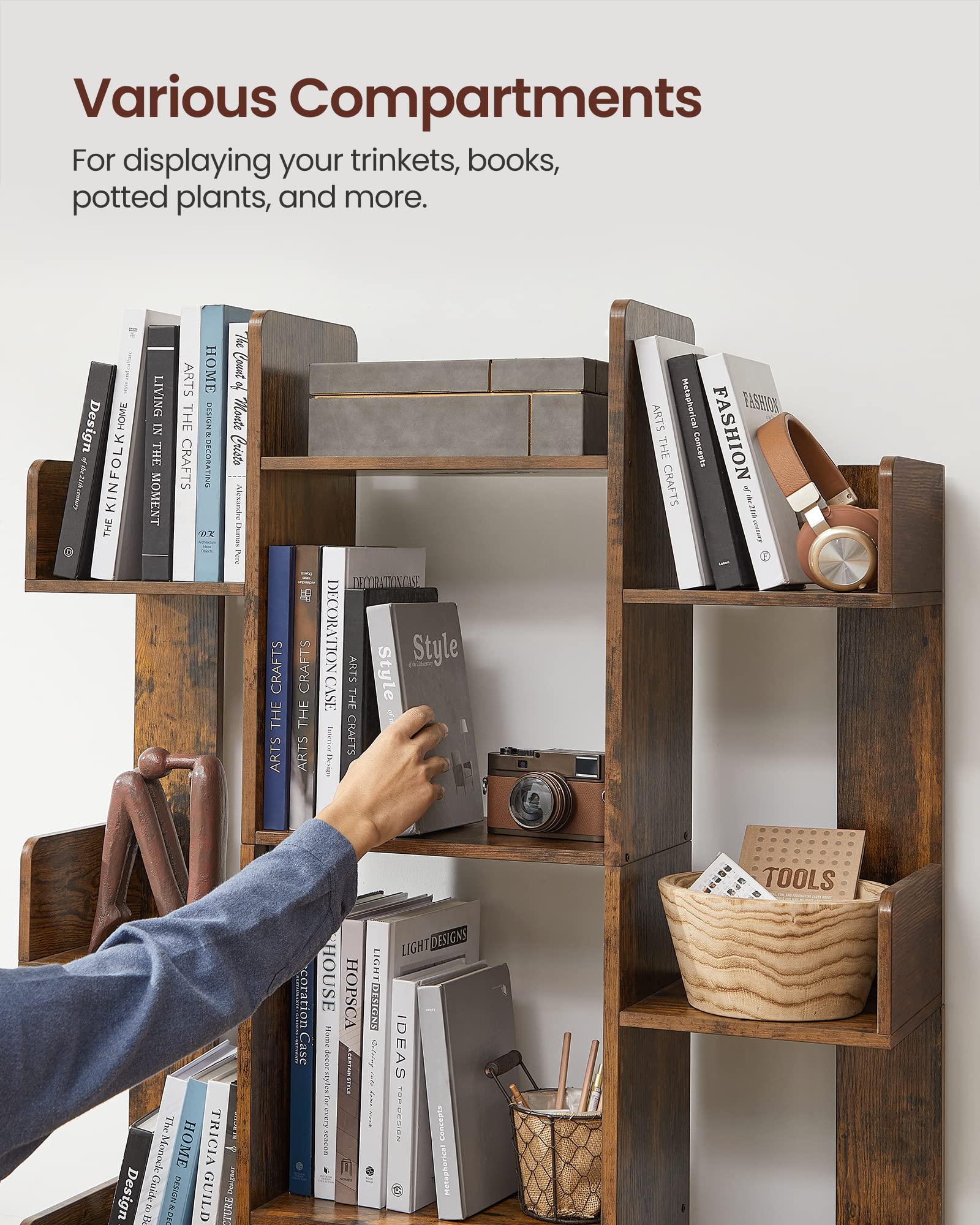 Vasagle Bookshelf, Tree-Shaped Bookcase With 13 Storage Shelves, Rounded Corners, 9.8”D X 33.9”W X 55.1”H, Rustic Brown Ulbc67Bxv1