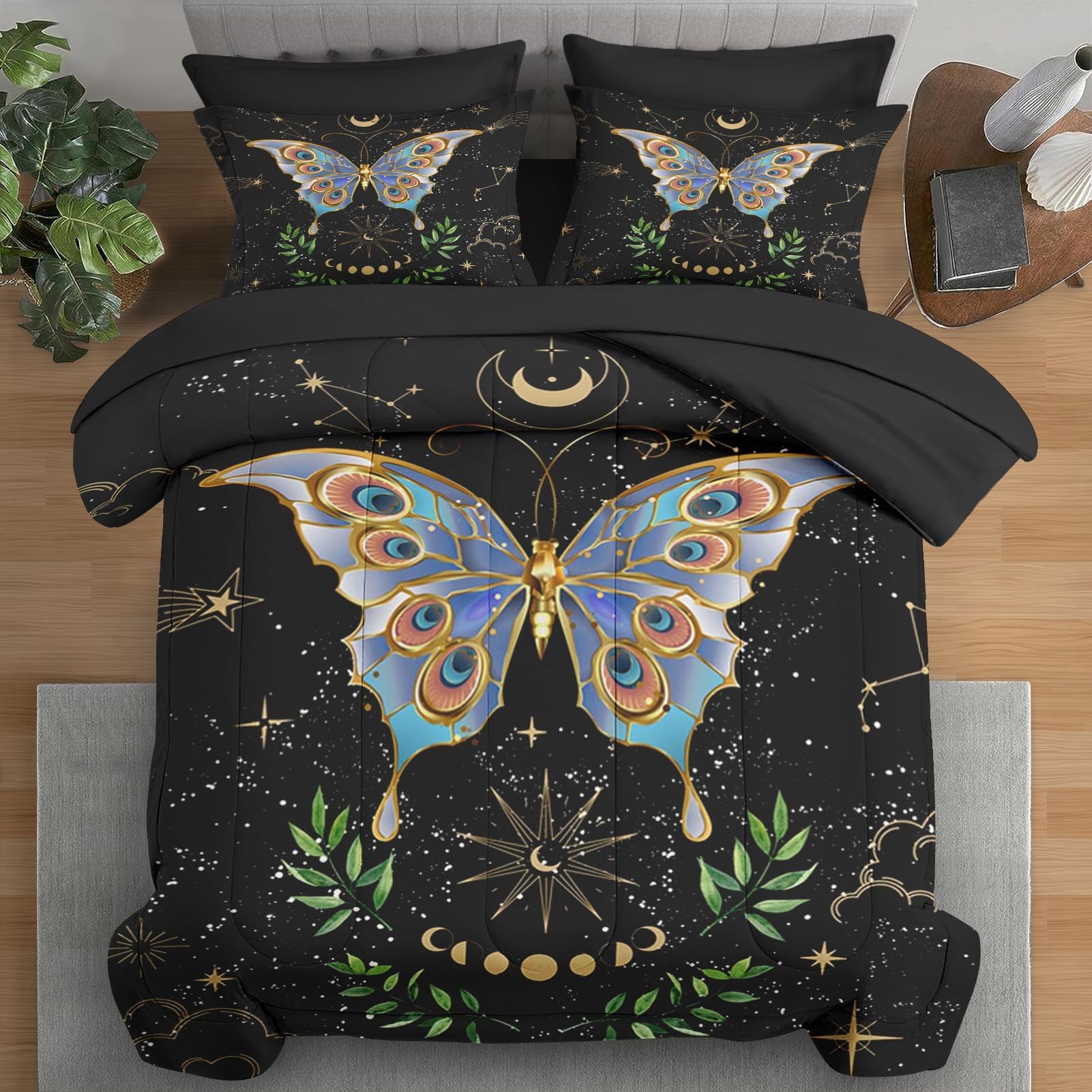 Pamnest 7 Pcs Comforter Set Full Size, Gothic Butterfly Moon Bedding Set For Kids And Adults, Botanical Plant Leaf Bed Sheet Set