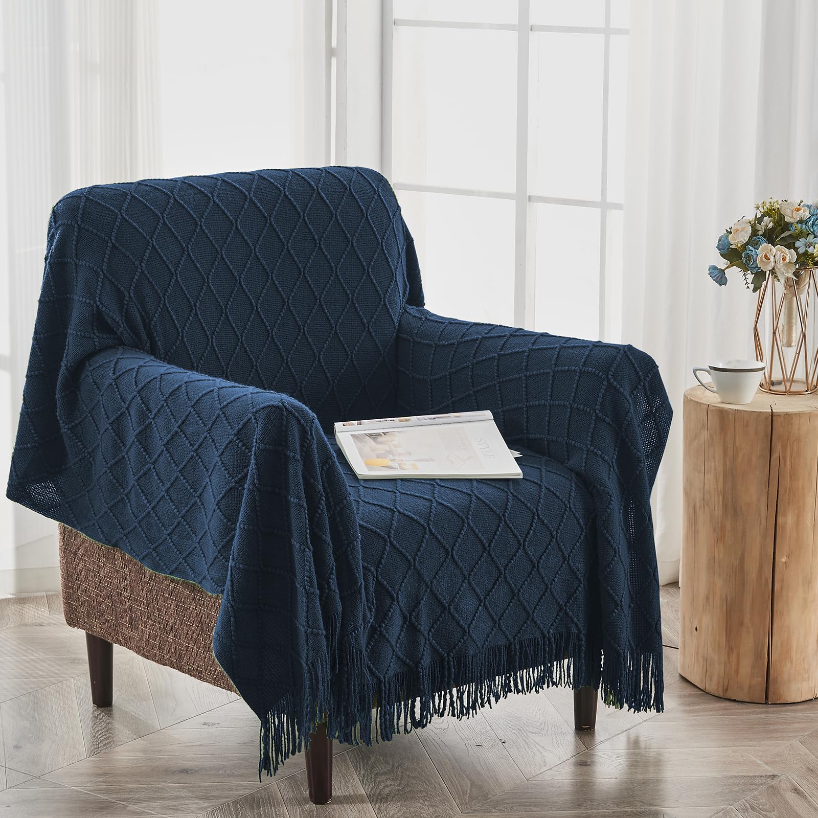 Inhand Knitted Throw Blankets For Couch And Bed, Soft Cozy Knit Blanket With Tassel, Dark Blue Lightweight Decorative Blankets A