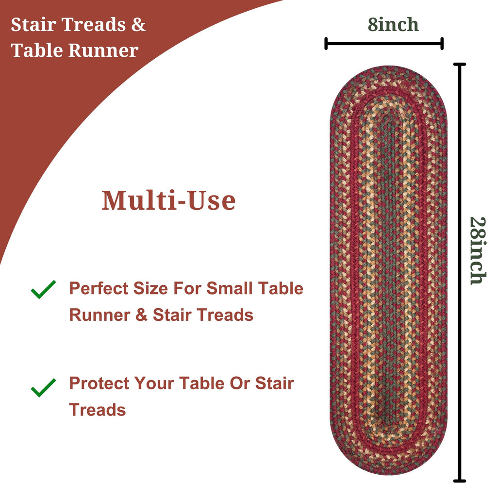 Homespice Cider Barn Premium Jute Braided Stair Tread 8'' X 28'' (Set Of 13) Oval Red Reversible, Natural Jute Yarn Rustic, Coun