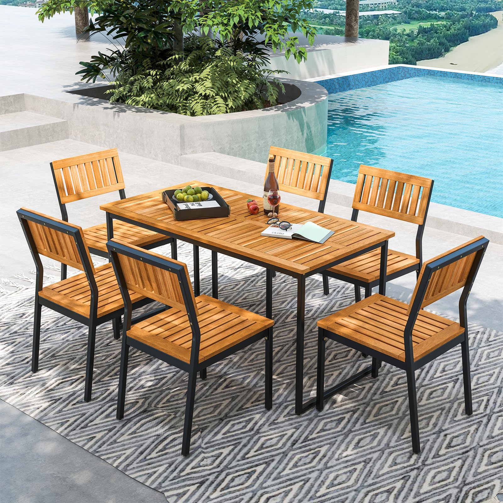 Tangkula 7 Piece Outdoor Dining Set for 6, Acacia Wood Rectangular Dining Table & 6 Armless Chairs w/Metal Frame, Umbrella Hole,