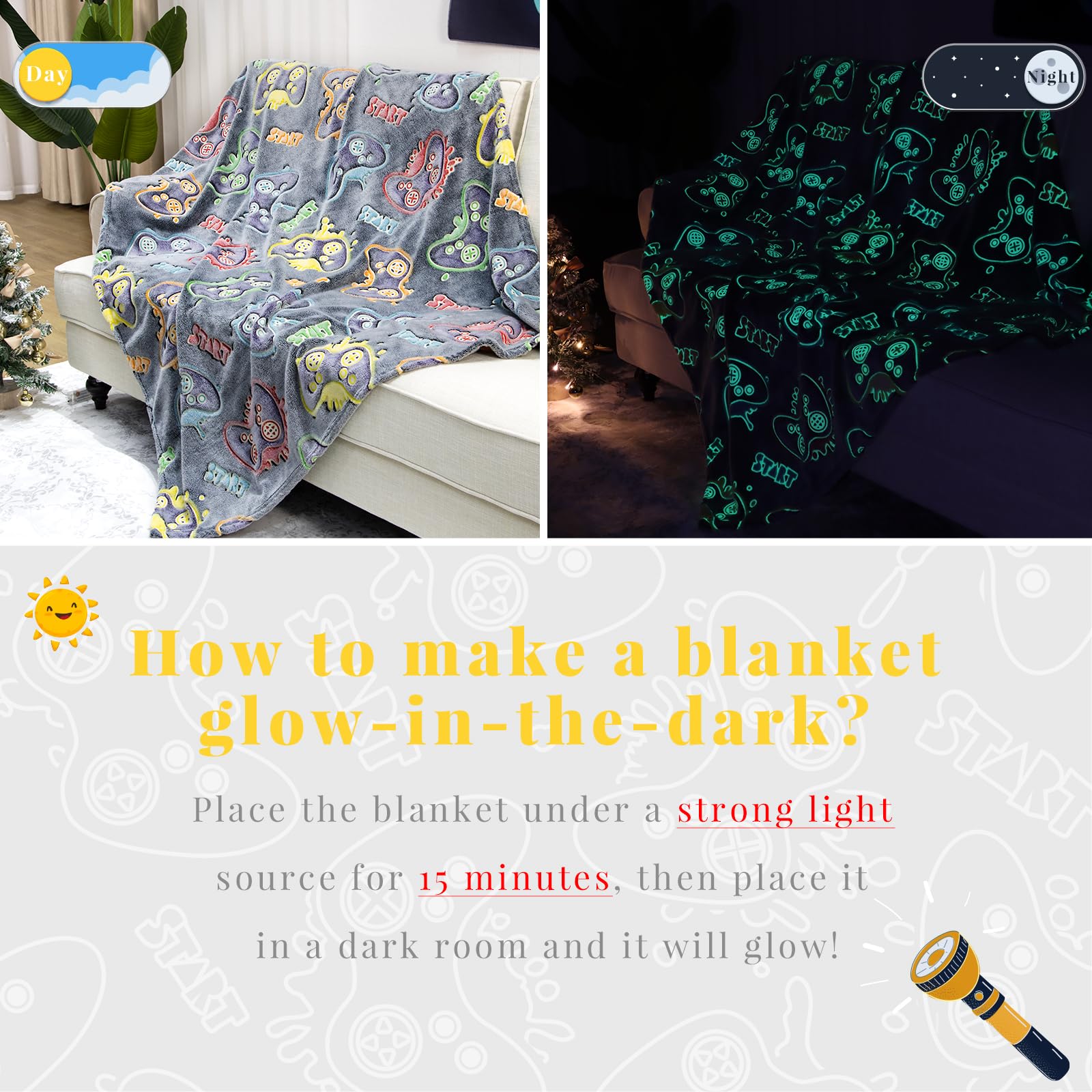 Kivee Gamer Gifts For Teen Boys Glow In The Dark Blanket For Boys 7 8 9 10 11 12 13 14 15 16 17 18 Year Old Gaming Accessories G