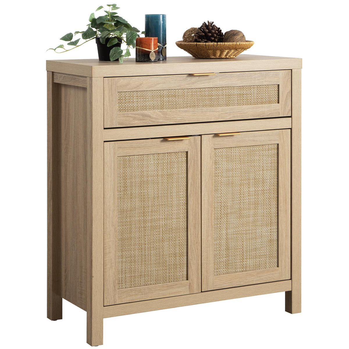 Sicotas Sideboard Buffet Storage Cabinet, Rattan Accent Cabinet With Doors And Drawer, Boho Credenzas Buffet Table Console Coffee Bar Cabinet For Entryway Living Room, Natural