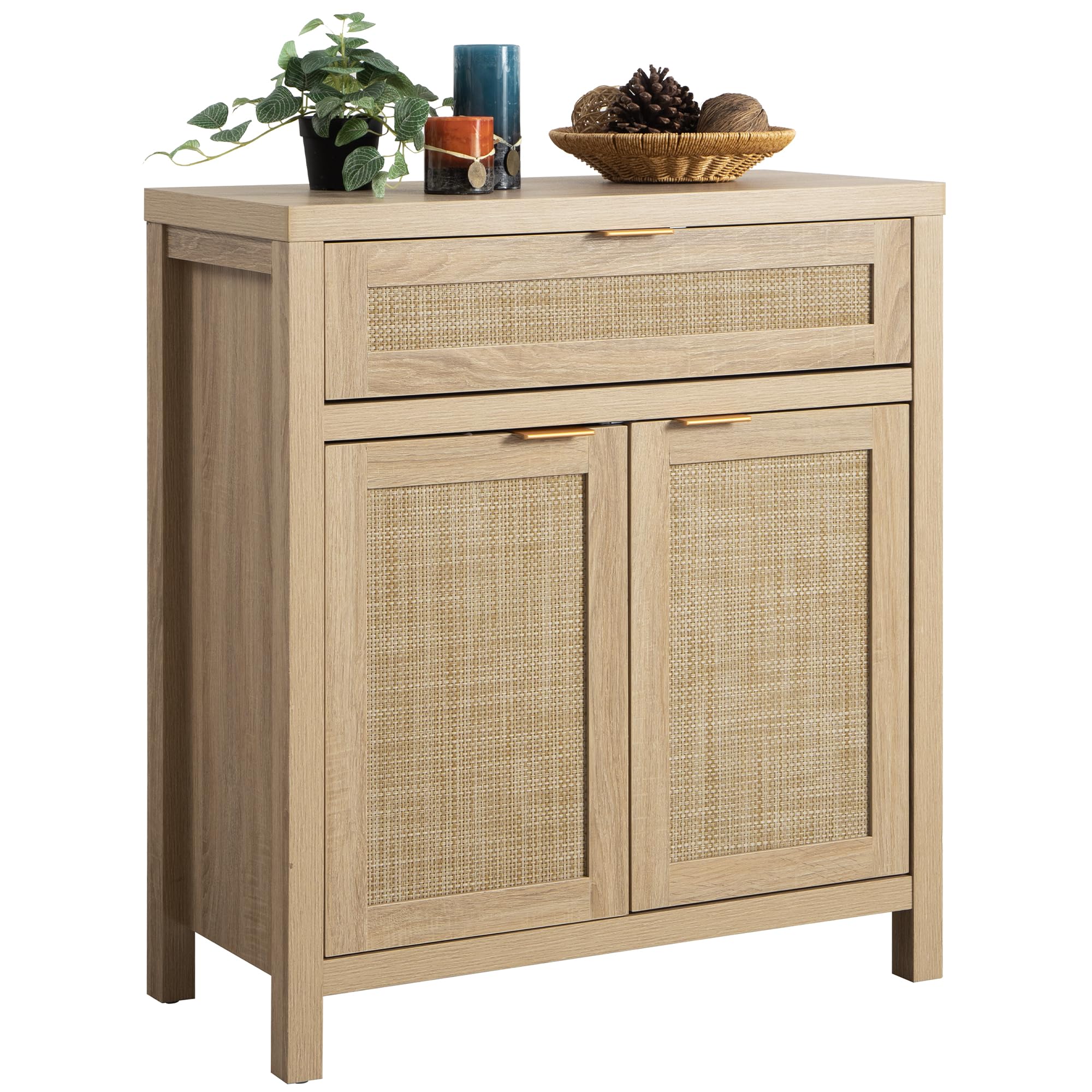 Sicotas Sideboard Buffet Storage Cabinet, Rattan Accent Cabinet With Doors And Drawer, Boho Credenzas Buffet Table Console Coffee Bar Cabinet For Entryway Living Room, Natural