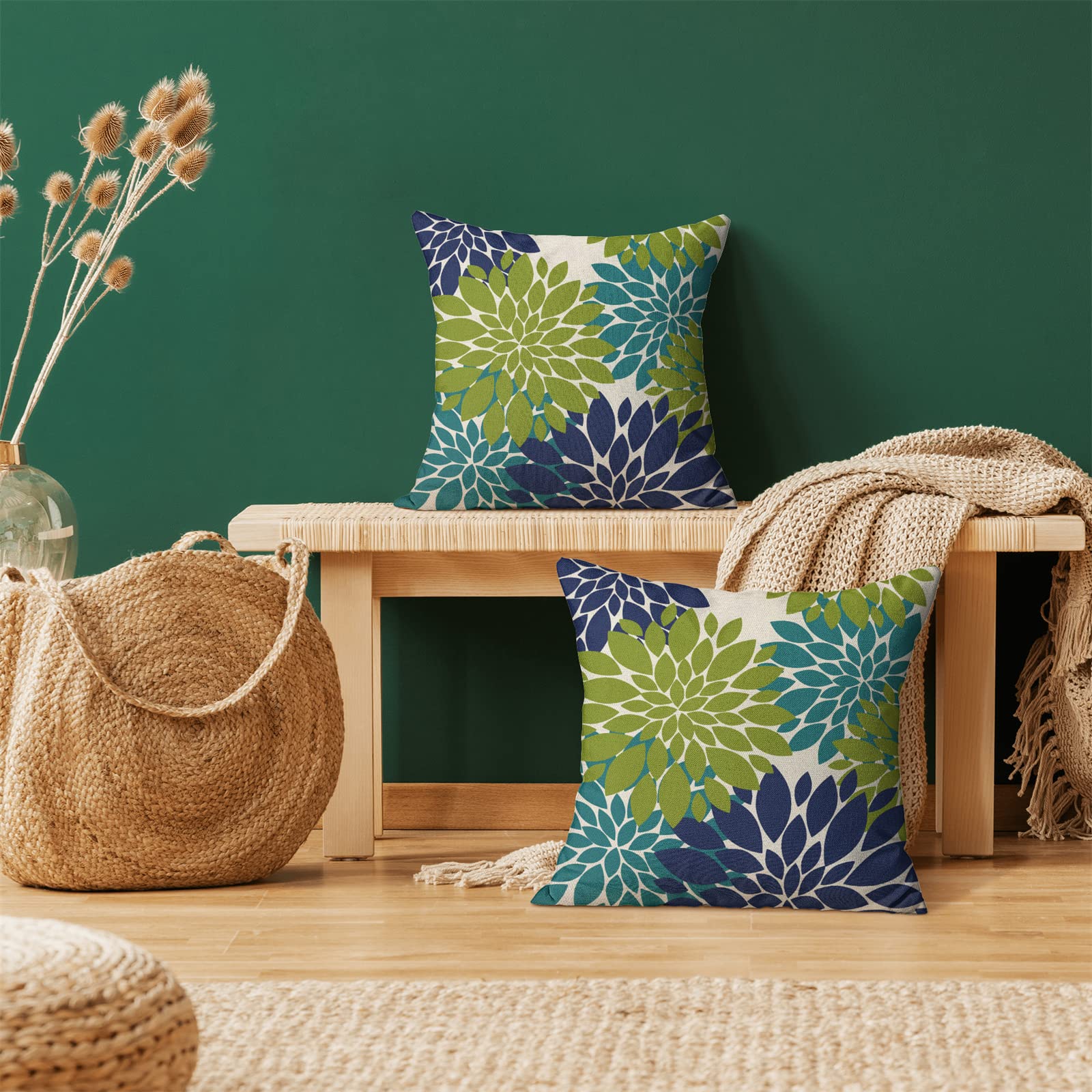 Cxmeifly Navy Blue Sage Green Teal Pillow Covers 16X16 Inch Set Of 2 Dahlia Floral Decor Throw Pillows Summer Modern Geometry Fl