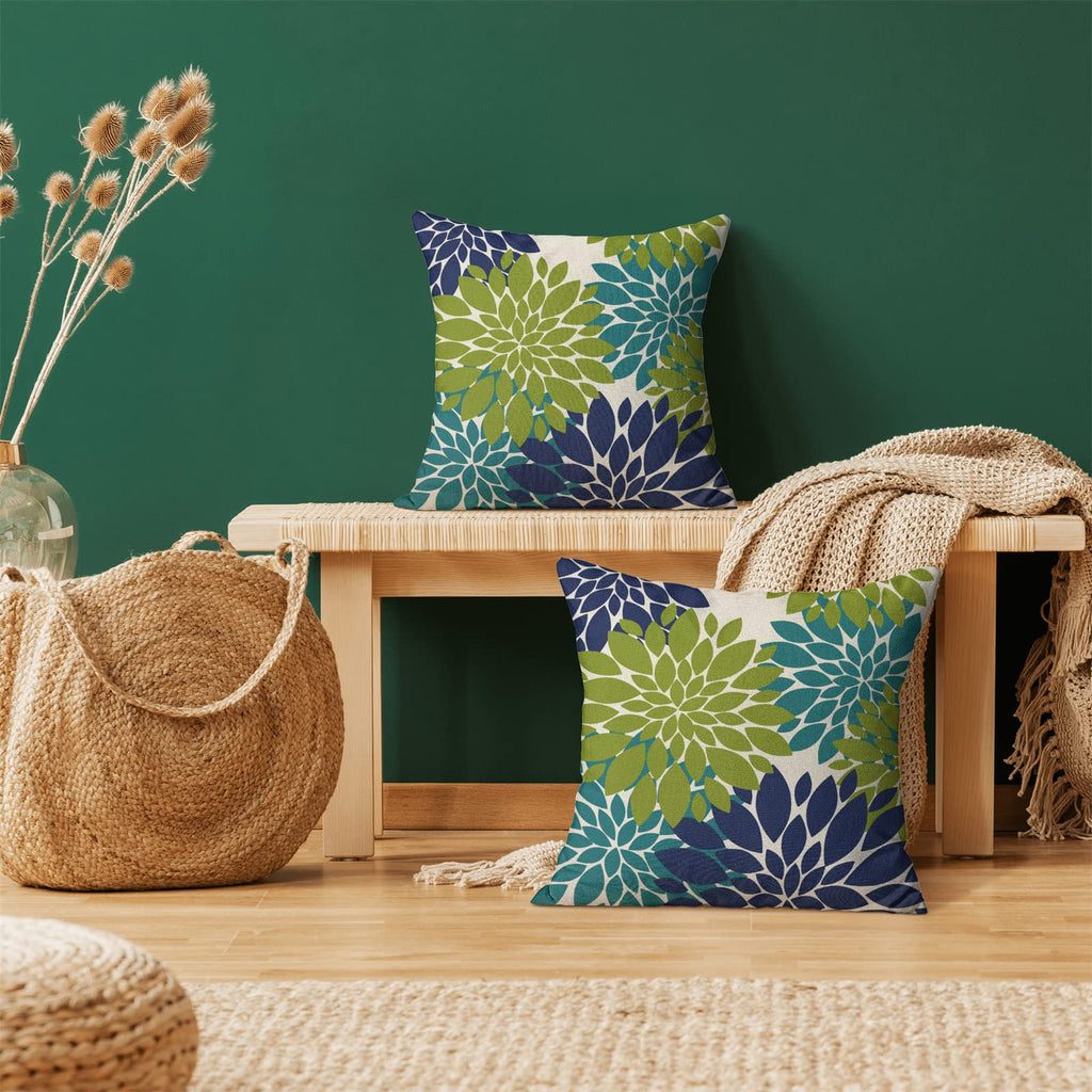 Cxmeifly Navy Blue Sage Green Teal Pillow Covers 20X20 Inch Set Of 2 Dahlia Floral Decor Throw Pillows Summer Modern Geometry Fl