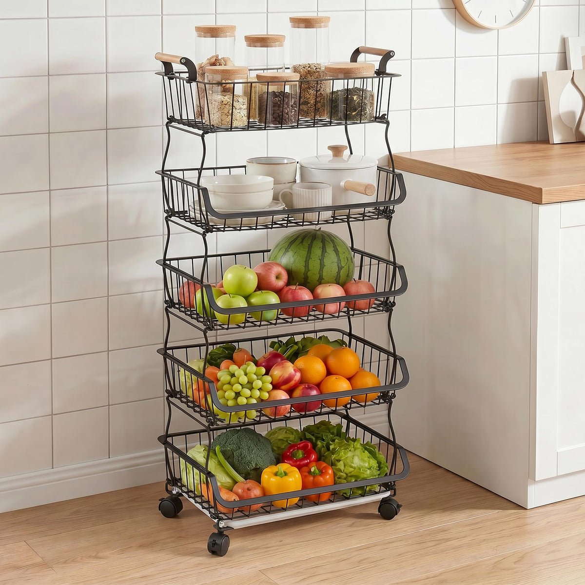VECELO 5Tier Fruit Basket with Wheels, Fruit and Vegetable Storage Cart for Kithchen, Easy to Move, Durable, Stackable Produce 