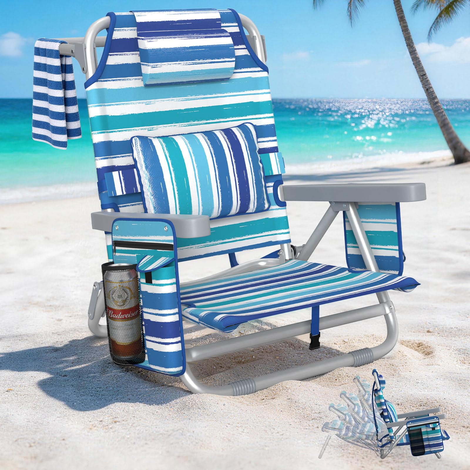 5-Position Backpack Beach Chair for Adults with Lumbar, Foldable Tall Heavy-Duty Beach Chairs with Cooler Bag,Cup Holder,Towel R