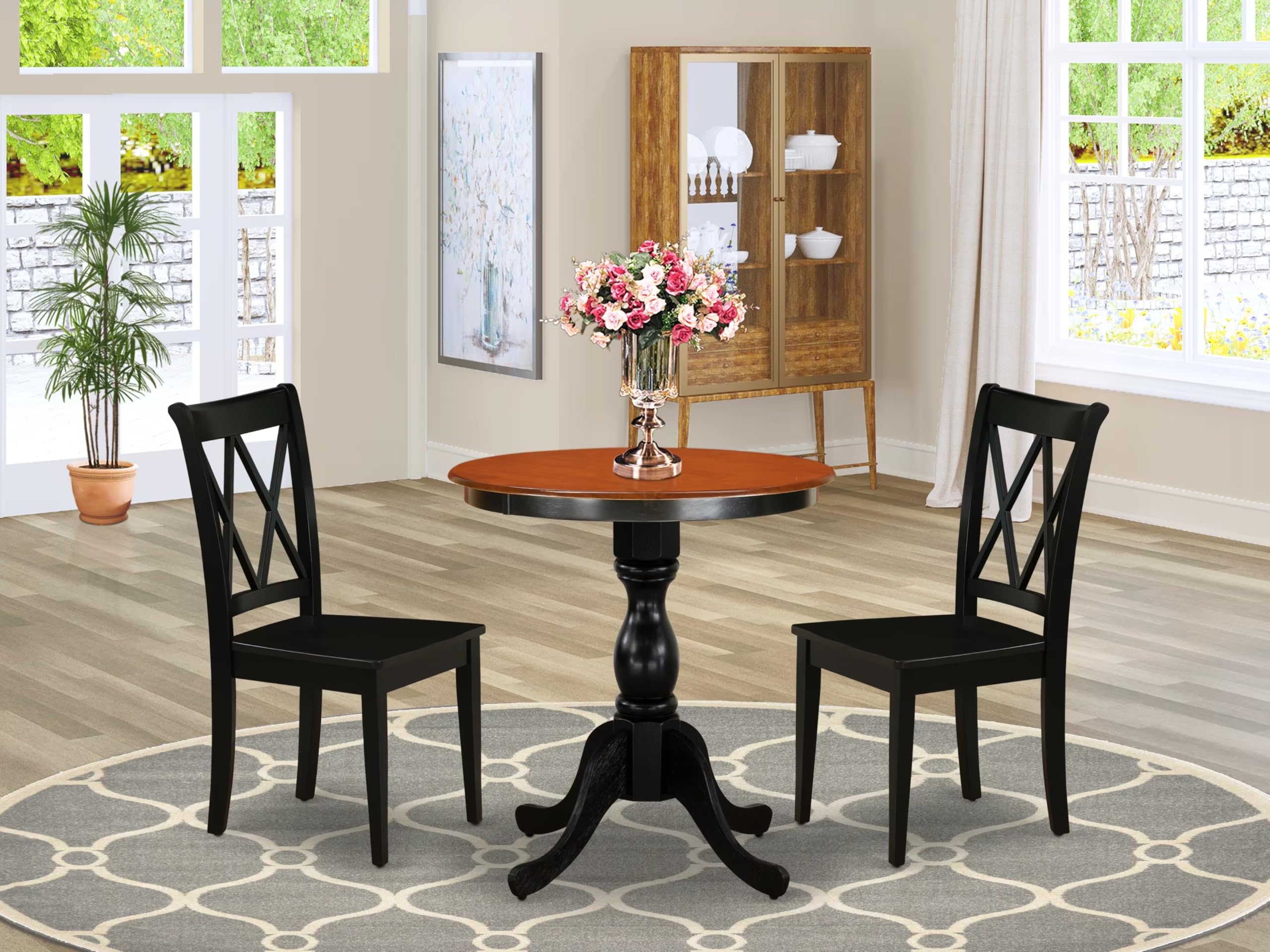 East West Furniture Escl3-Bch-W 3 Piece Kitchen Table & Chairs Set Contains A Round Dining Table With Pedestal And 2 Dining Room Chairs, 30X30 Inch, Black & Cherry