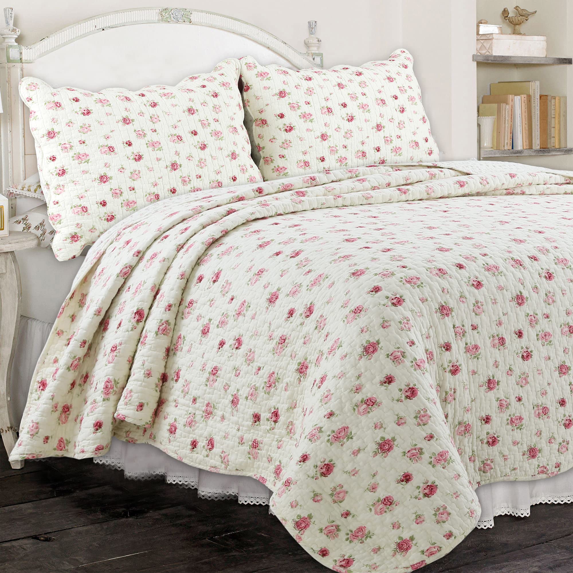 Cozy Line Home Fashions Pink Rose Garden Floral 100% Cotton Reversible Coverlet Bedspread Quilt Bedding Set (Ivory Rose, Queen -