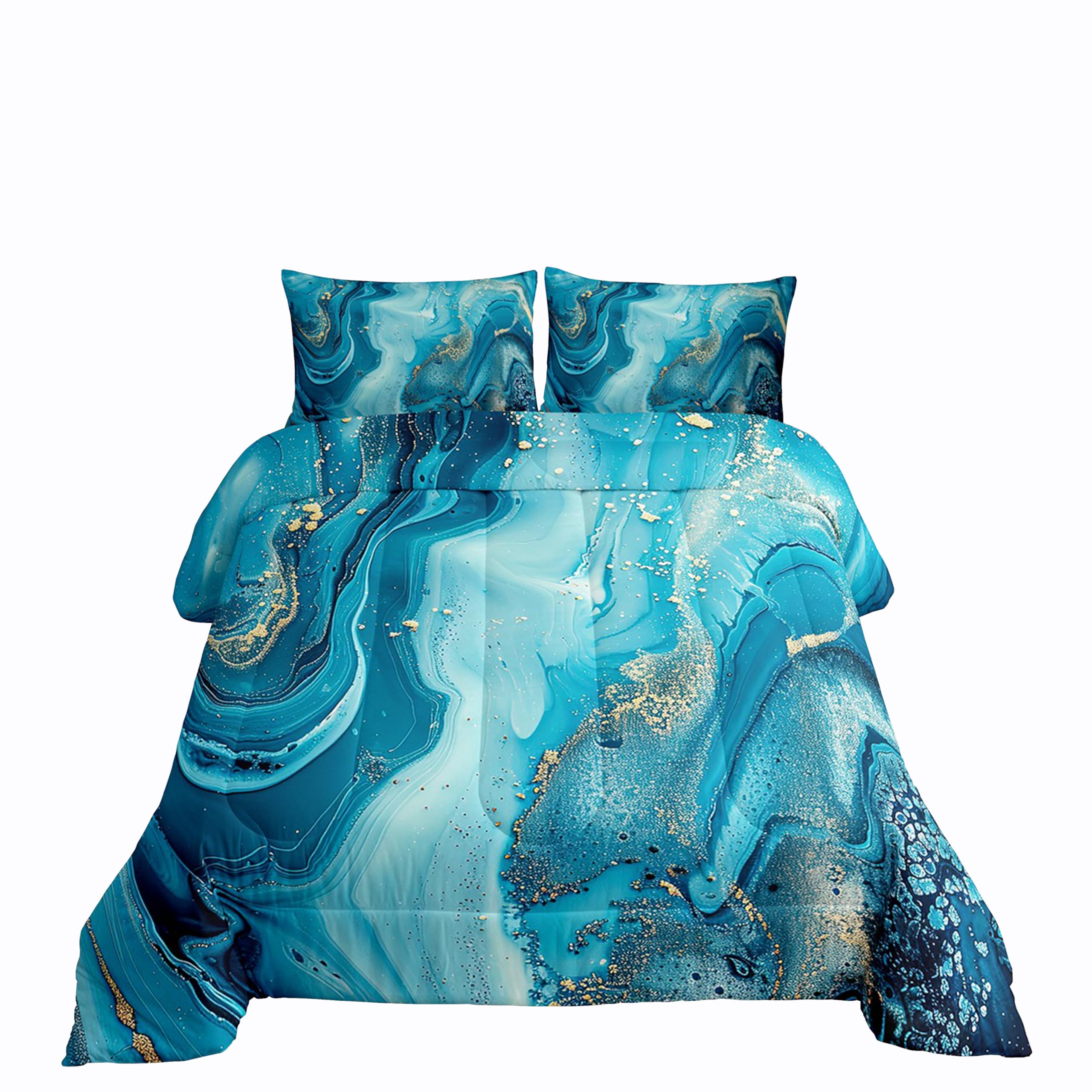 Erosebridal Marble Comforter Set,Teal Blue Marble Down Comforter Gold Liquid Quicksand Design Quilted Duvet,Turquoise Decorative 3 Piece Bedding Set With 2 Pillow Shams,Full Size